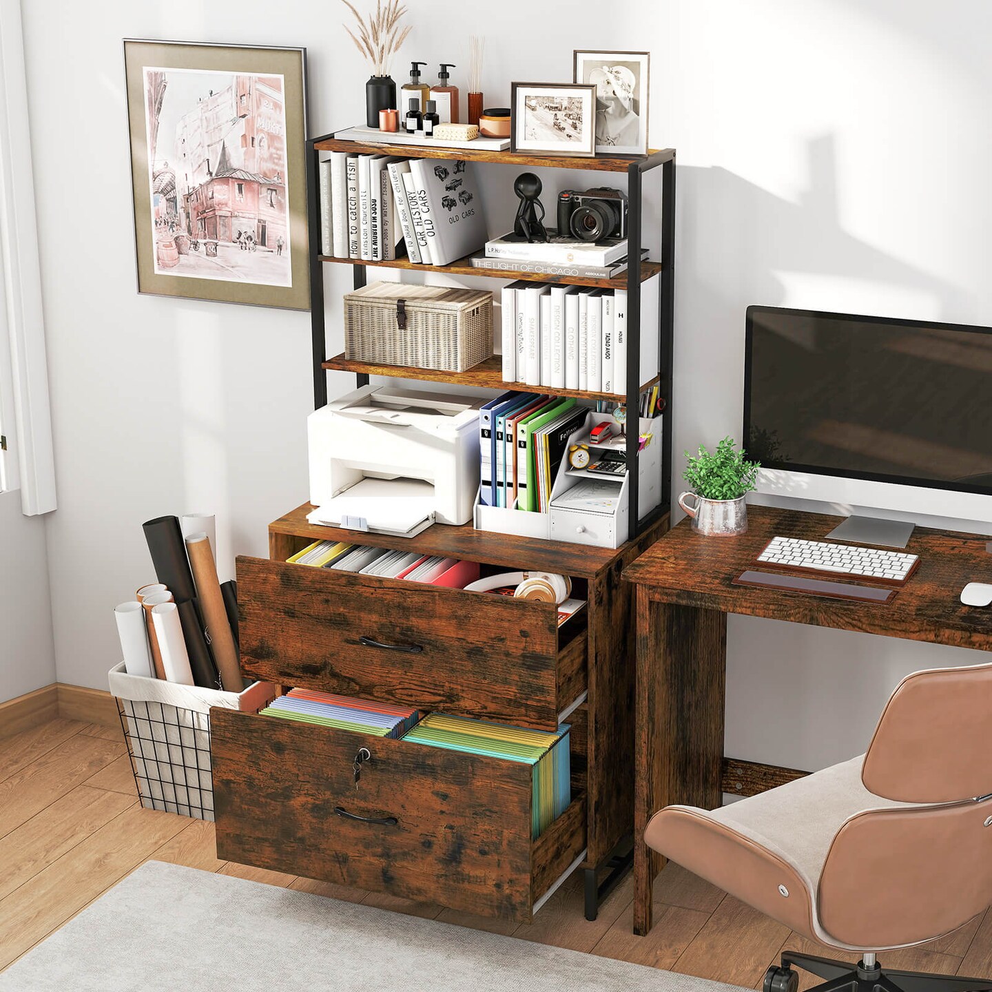 Costway 2 Drawer Vertical File Cabinet w/Lock & Bookshelf, Letter Size Filing Cabinet