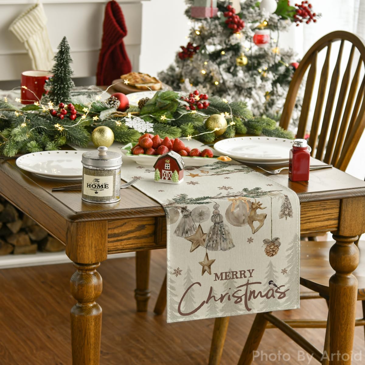 Xmas Pine Ornament Snowflake Merry Christmas Table Runner, Seasonal Winter Kitchen Dining Table Decoration for Home Party Decor 13x72 Inch