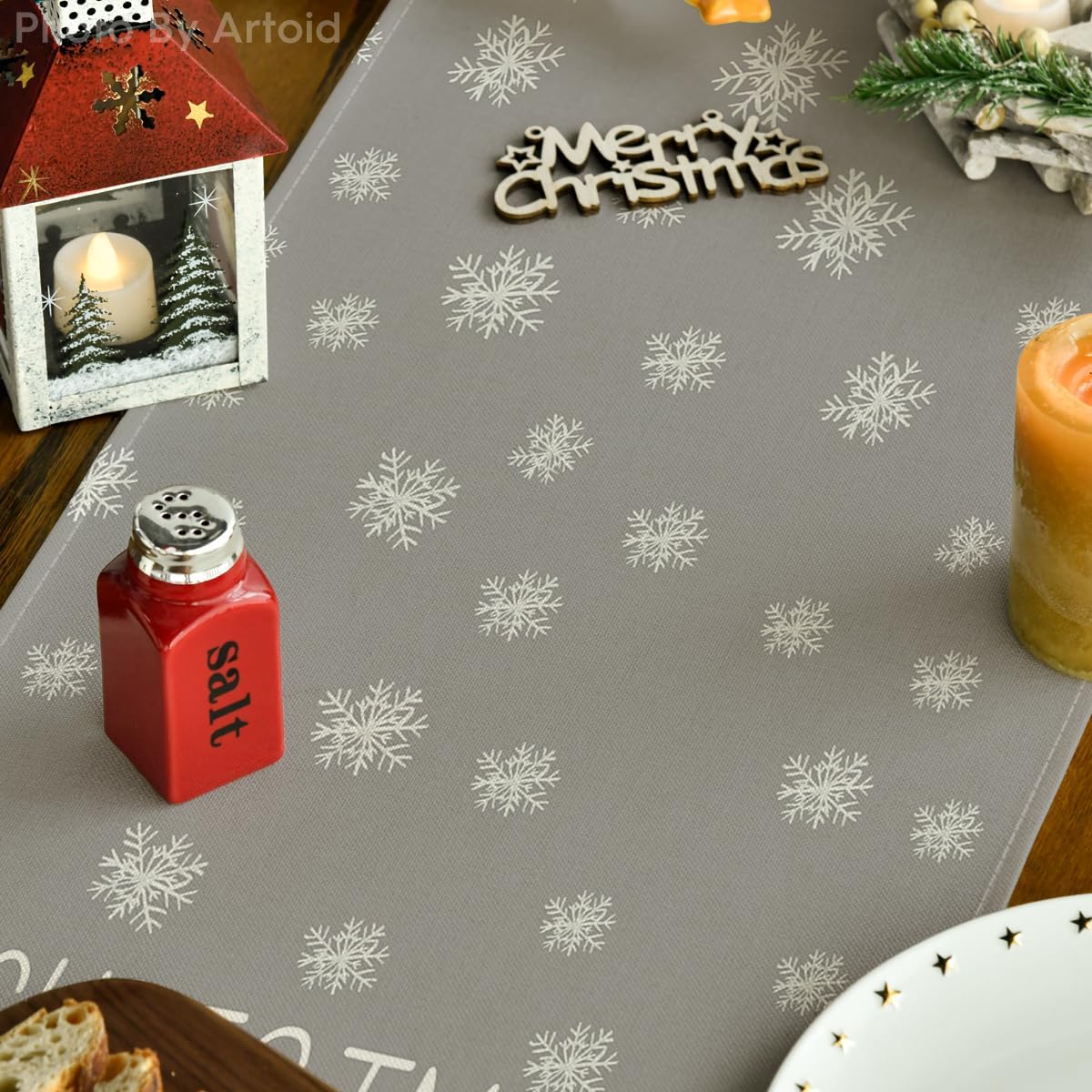 Pine Tree Snowflake Merry Christmas Table Runner, Seasonal Winter Xmas Holiday Kitchen Dining Table Decoration for Indoor Outdoor Home Party Decor 13 x 72 Inch