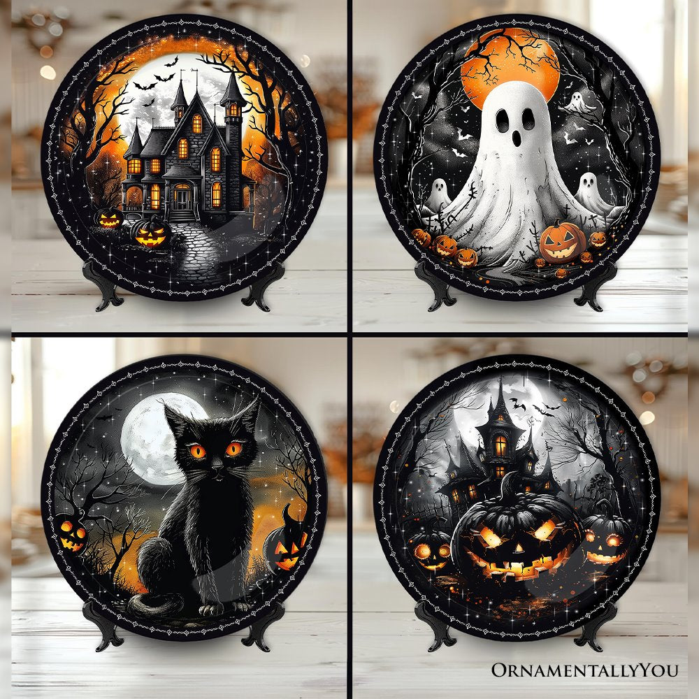 Haunted Night Set of 4 Plates, Black Halloween Tableware Collection for Salad, Dessert, Appetizer, and Side Plates