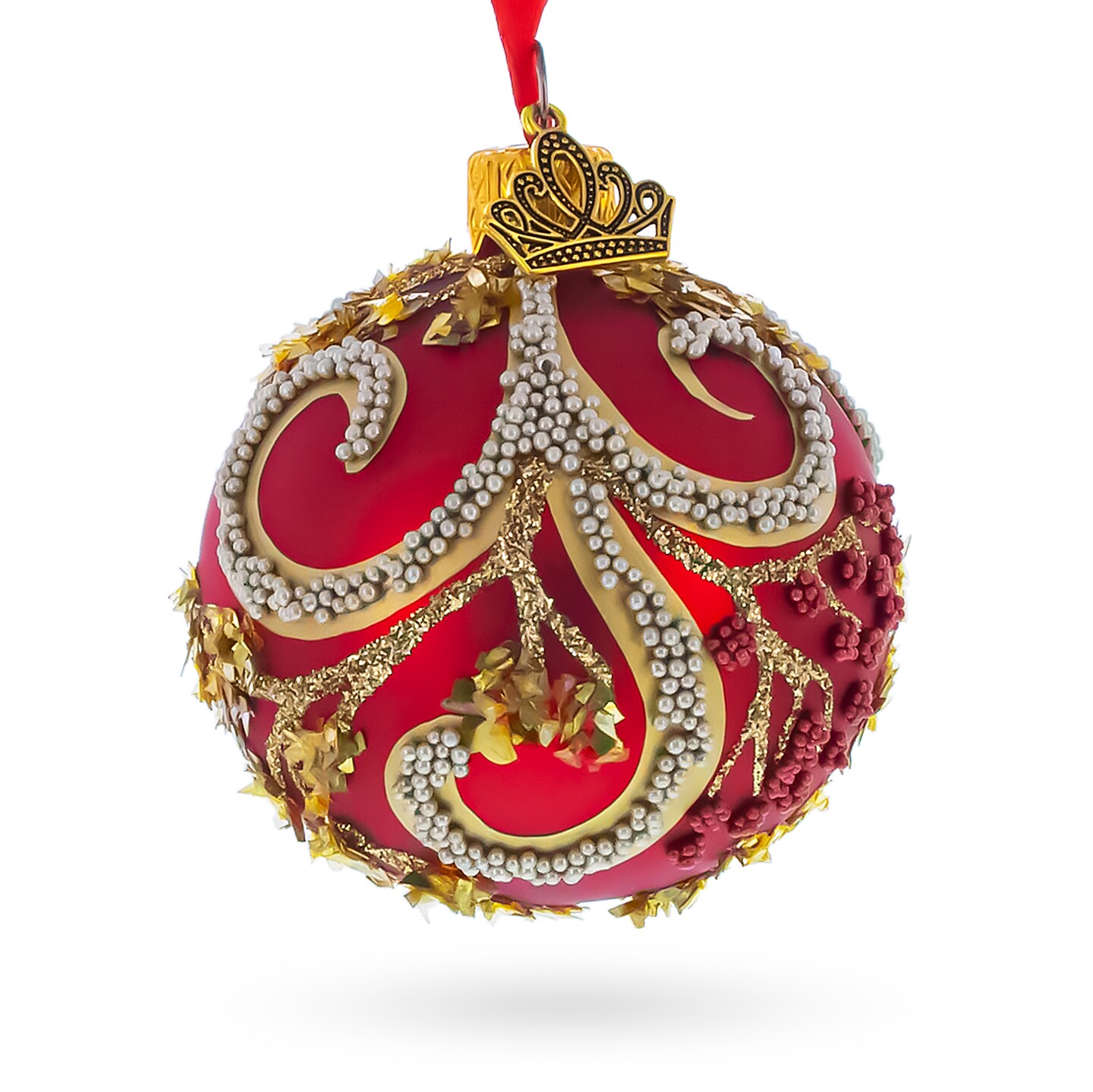 Glittered Red Berries and Gold Leaf Branches on Red Glass Ball Christmas Ornament