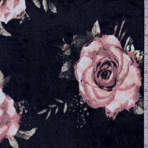 Black/Peach/Multi Floral Printed Stretch Velvet Knit Fabric By the Yard
