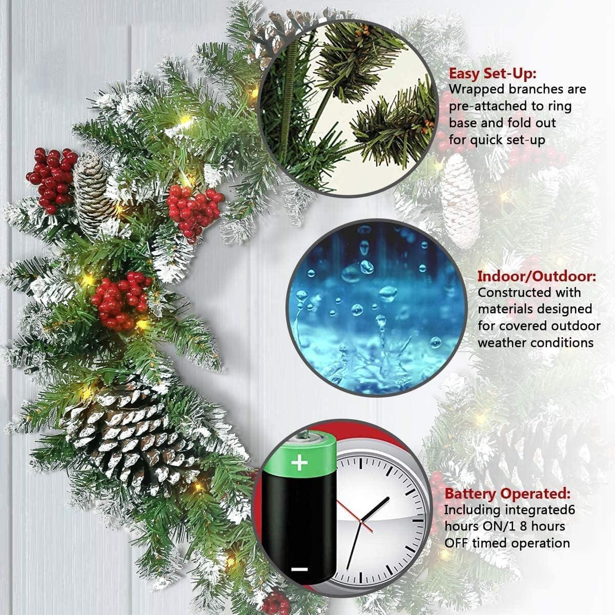 Christmas Wreath Flocked with Mixed Decorations and 50 LED Light (Cw20220) 14&#x22;D x 14&#x22;W x 4.26&#x22;H