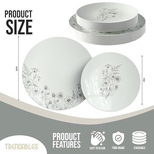 Trendables Disposable Dinnerware Decorative Plates Plastic Disposable Plates 8 Inch Dessert Plate & 10 Inch Wedding Party Plate Set
