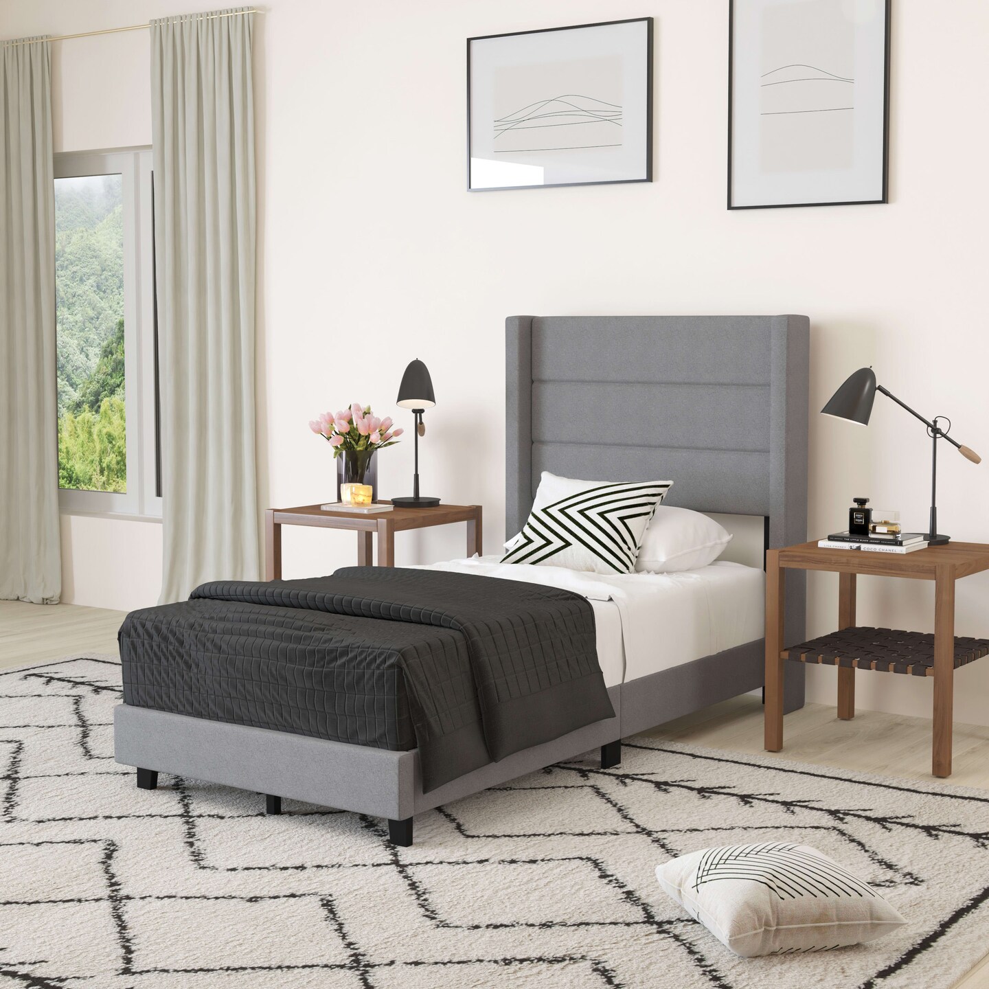Merrick Lane Percy Modern Platform Bed with Padded Channel Stitched Upholstered Wingback Headboard and Underbed Clearance