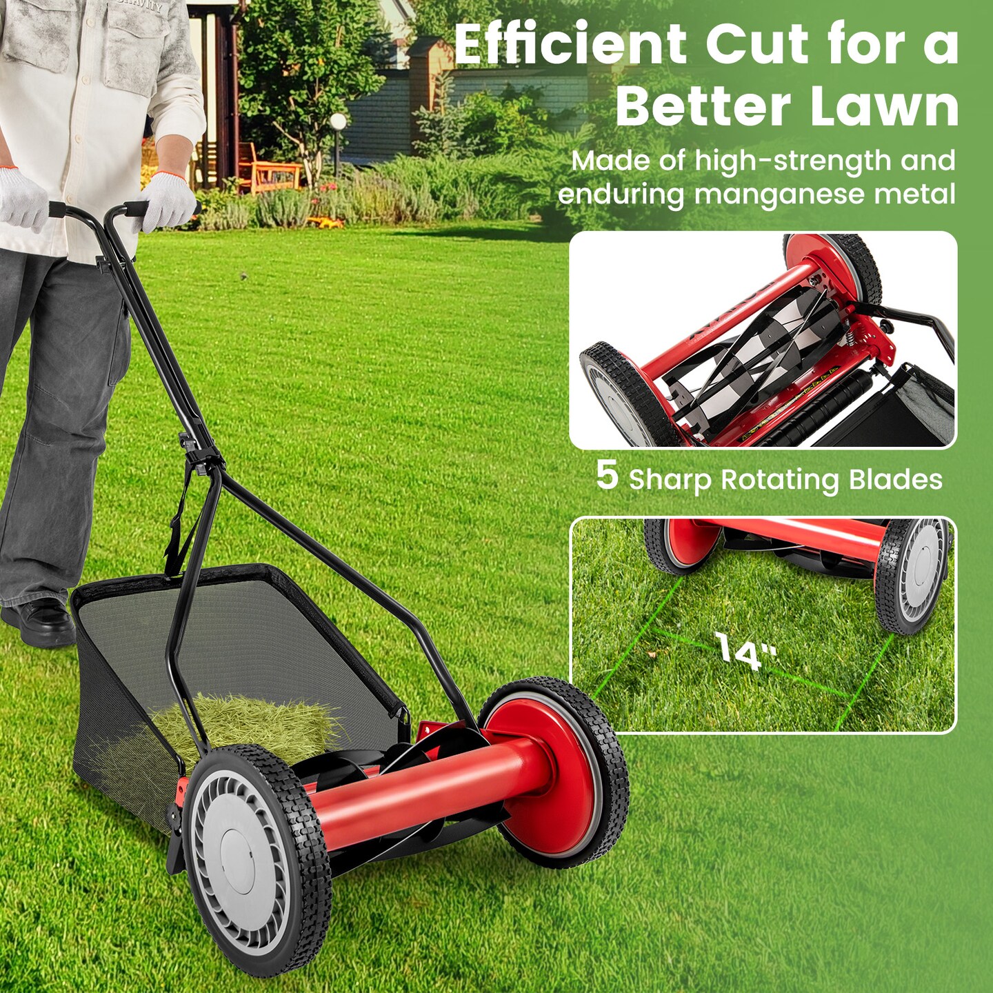 Manual Reel Push Lawn Mower 14 Inch Cutting Width 4 Height Adjustment