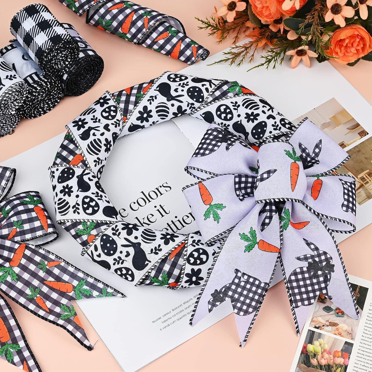6 Rolls 30 Yards Easter Wired Ribbon 2.5 Inch Black White Ribbon Spring Craft Ribbon Bunny Carrot Decorative Ribbon for Easter Wreaths,Crafts,Big Bows,Gift Wrapping