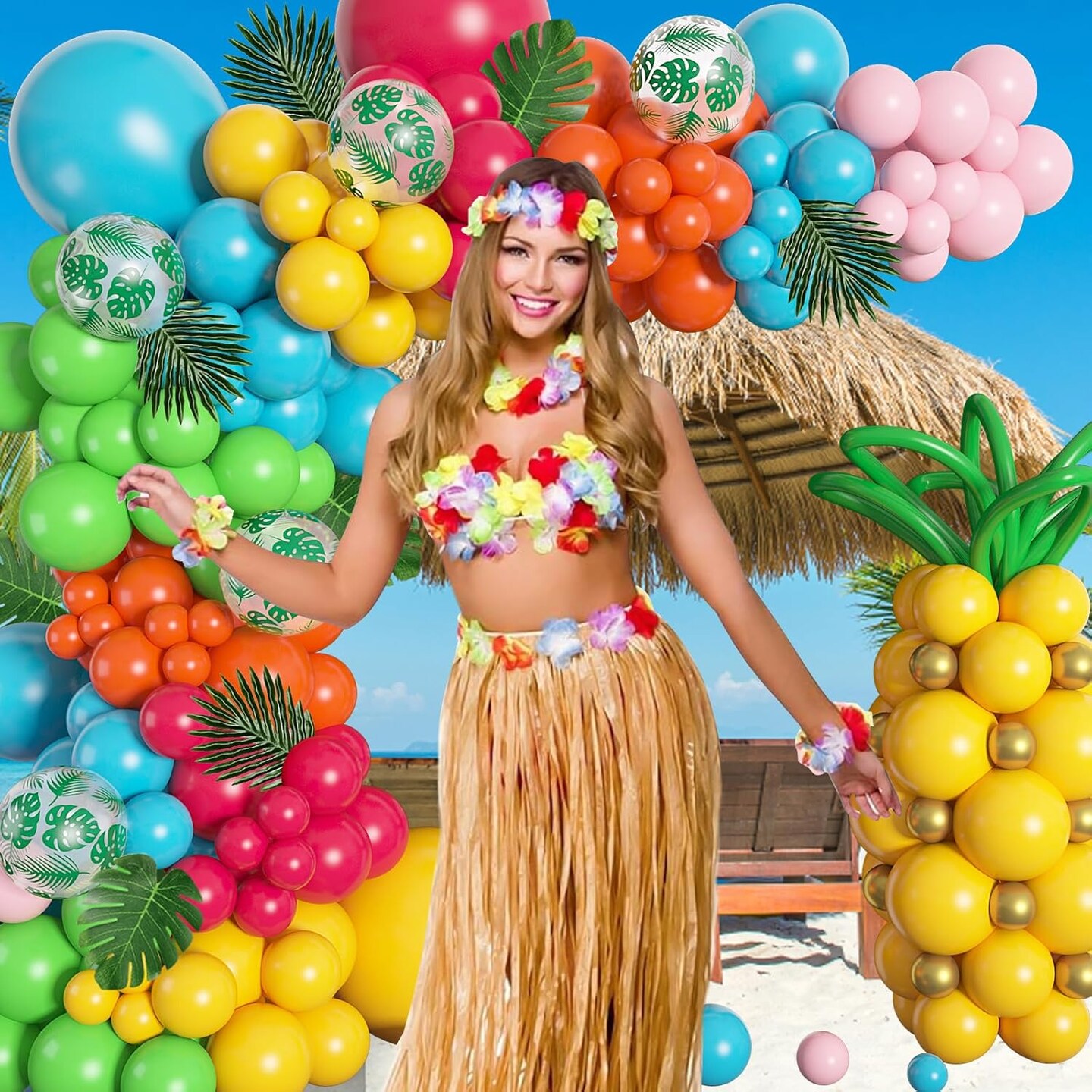 165Pcs Tropical Balloon Arch Garland Kit, Hawaiian Luau Aloha Summer Party Decorations Hot Pink Orange Yellow Blue Green Pineapple Balloons Palm Leaves