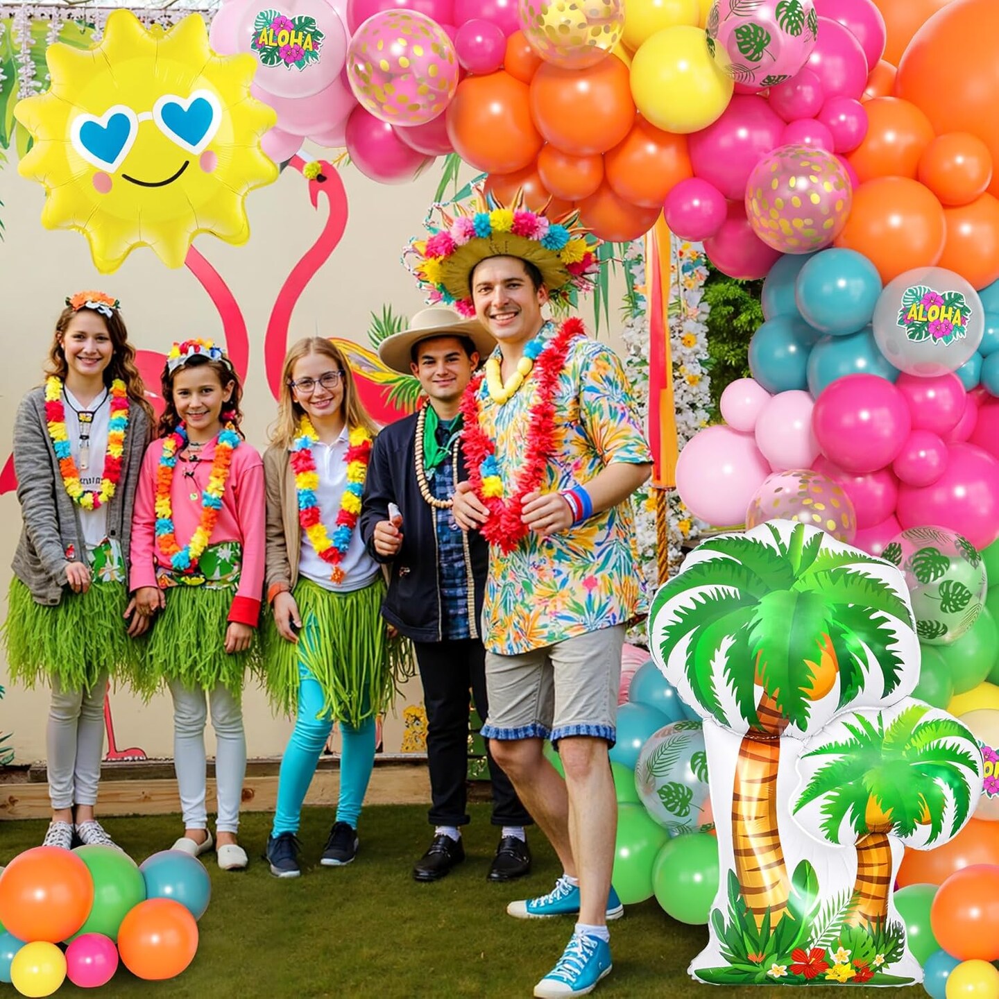165Pcs Summer Tropical Balloon Arch Garland Kit, Hot Pink Green Orange Blue Yellow Foil Coconut Sun Palm Leaves Aloha Neon Rainbow Balloons for Hawaiian Luau Pool Birthday Party Decorations