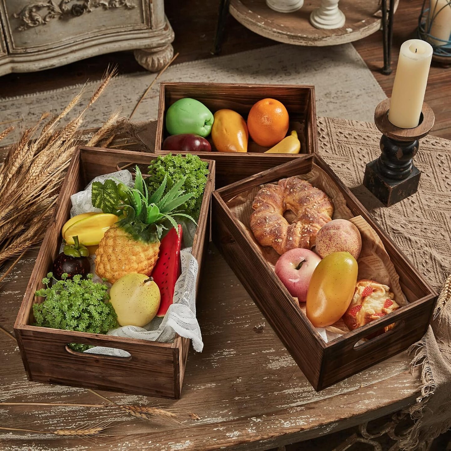 Farmhouse Wood Crate Box Set of 3, Distressed Wooden Crates for Display, Decorative Wood Storage Bins, Rustic Wooden Basket with Side Handles, Home Container Decor for Living Room Outdoor