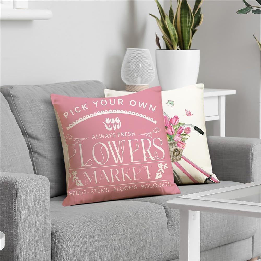 Spring Decorations Pink Tulip Spring Pillow Covers 18x18 Set of 4 Butterfly Flowers Bicycle Throw Pillow Case Hello Love Flowers Market Farmhouse Cushion Cover for Home Sofa Couch