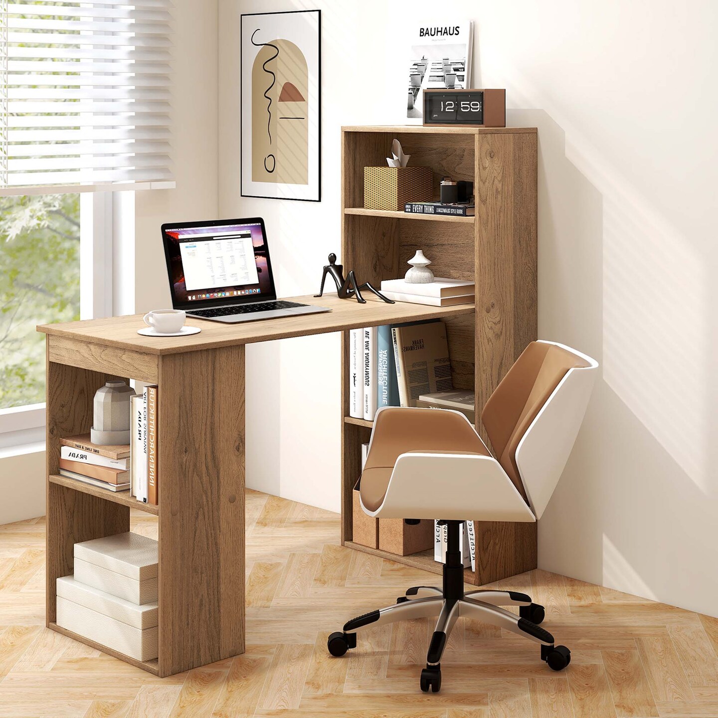 Costway Computer Desk Writing Workstation Office w/6-Tier Storage Shelves White\Black