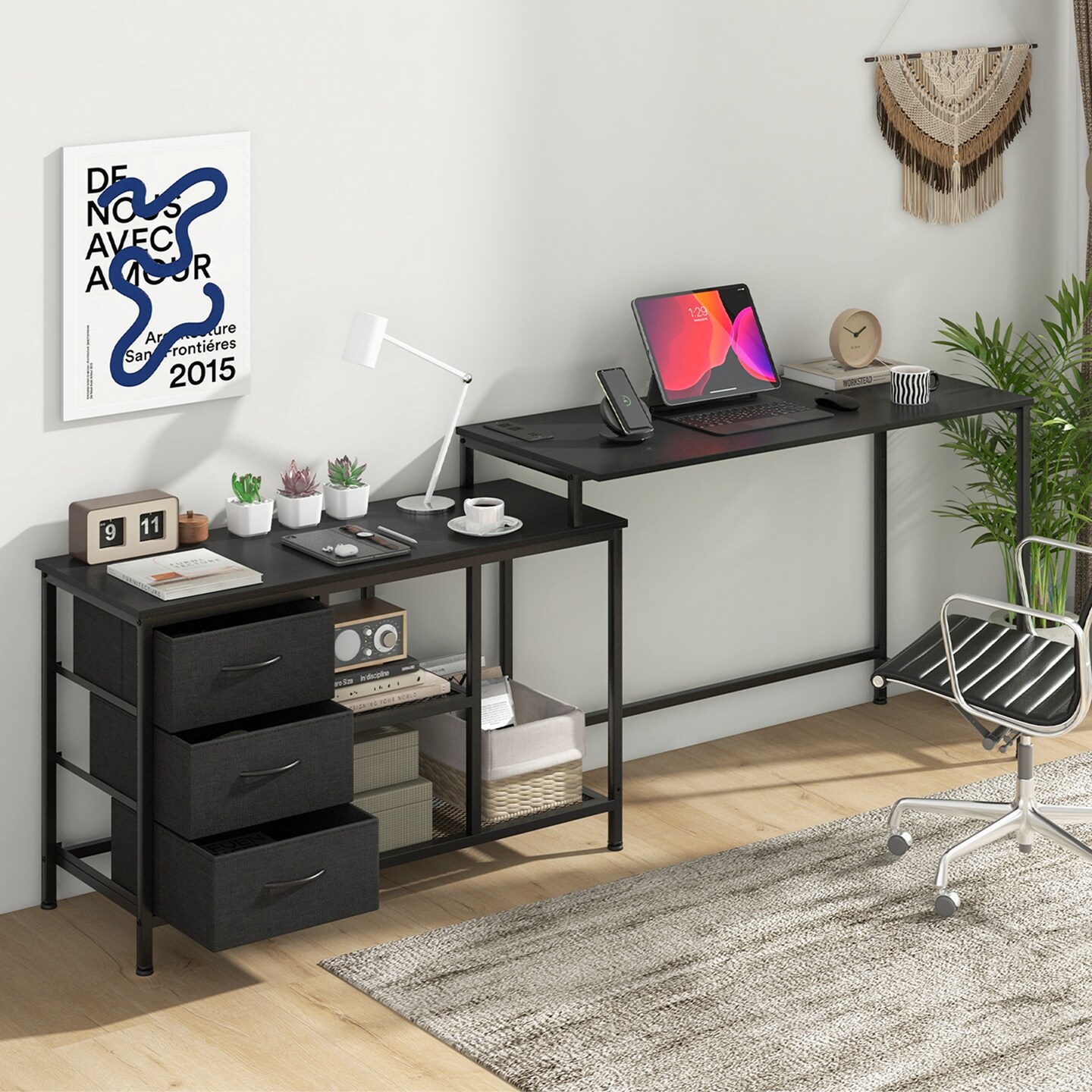 Costway L-shaped Computer Desk with Power Outlet, Drawers, Metal Mesh Shelves Rustic Brown/Black/White