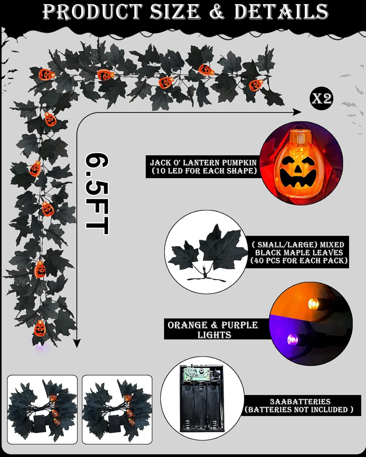[ Timer &#x26; 2 Pack ] Black Halloween Garland with Purple &#x26; Orange Lights 3D Pumpkin Lantern Halloween Decor Total 13Ft 40LED Large Small Black Maple Leaf Light Artificial Garland Home Indoor Fireplace