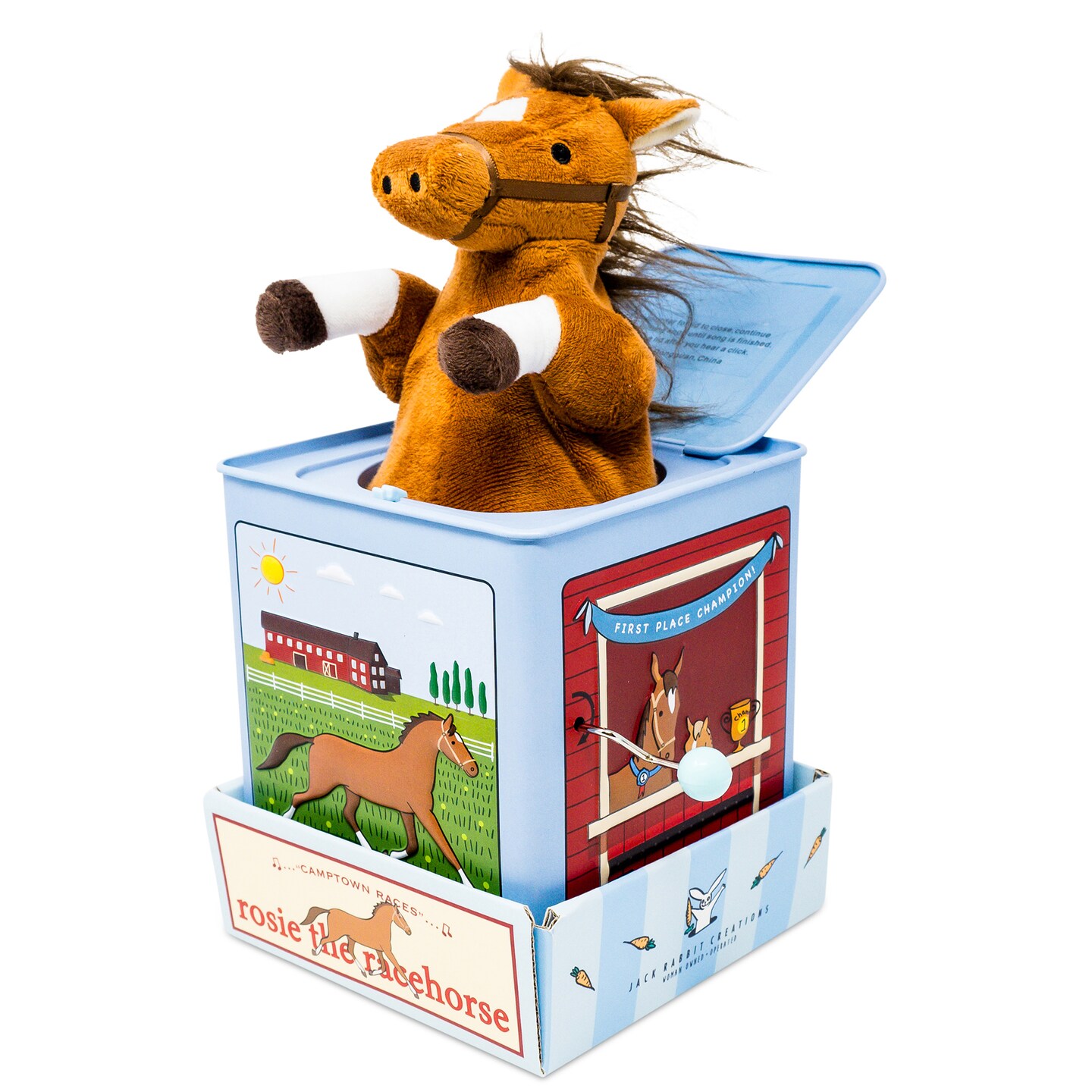 Jack Rabbit Creations: Rosie The Racehorse - Classic Music Jack In The Box Toy, Plush Brown Horse, Side Crank Plays Song, Surprise Pop-Up, Kids Age 3+