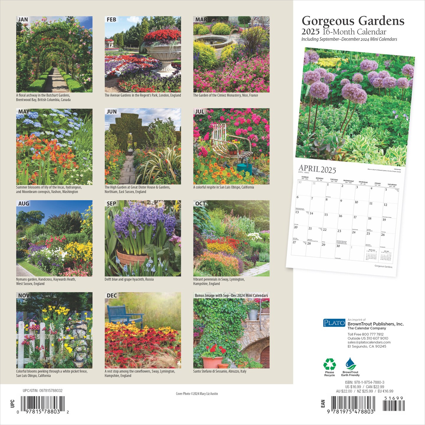 Gorgeous Gardens | 2025 12 x 24 Inch Monthly Square Wall Calendar | Foil Stamped Cover | Plato | Outdoor Home Country Nature