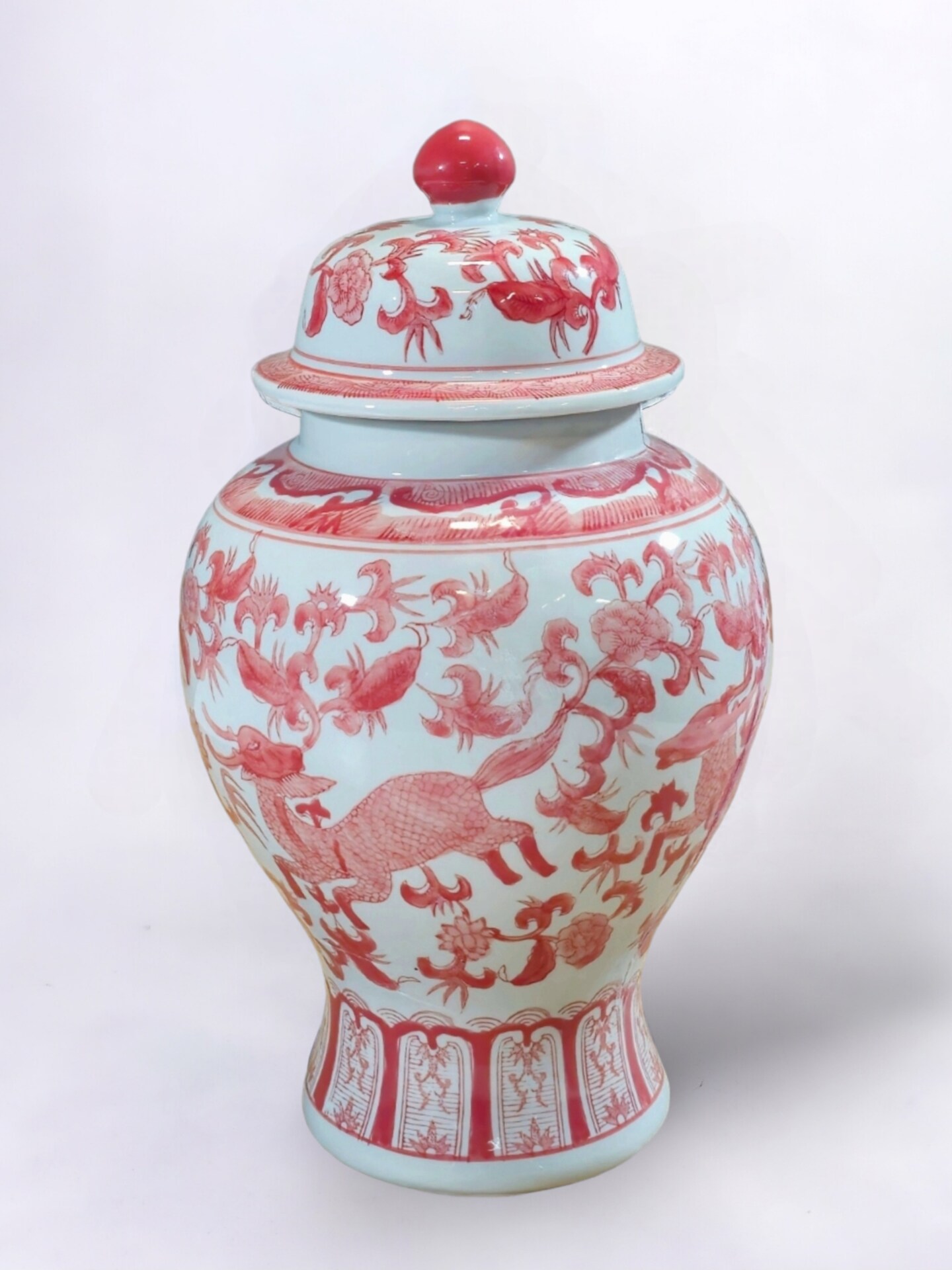 AAI 17&#x22; Ginger Jar, Chinoiserie Deer Design, Red and White