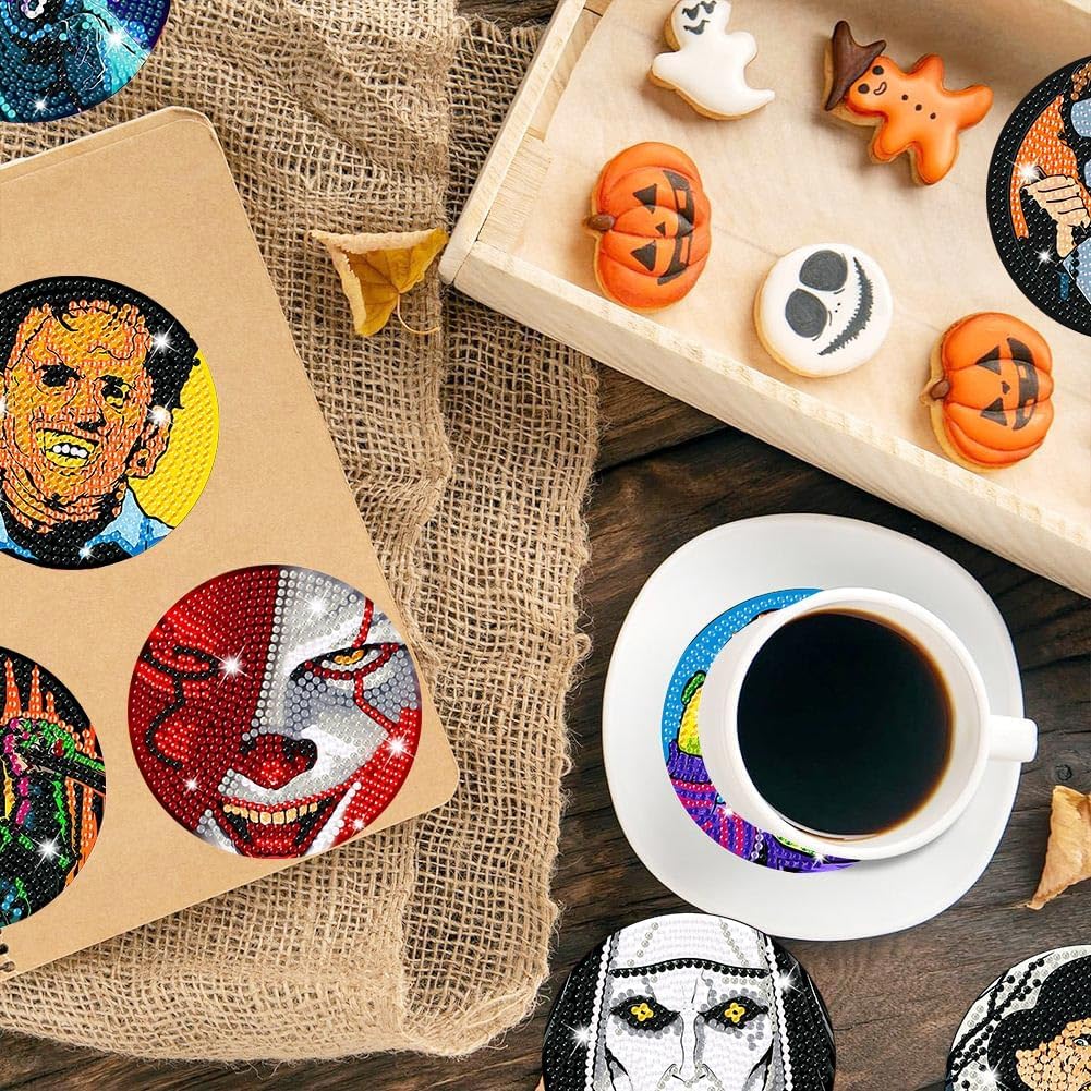8 PCS Halloween Diamond Art Coasters - DIY Horror Diamond Painting Coasters Kits with Holder, Small Diamond Dot Coasters for Adults Beginners Art Craft Supplies