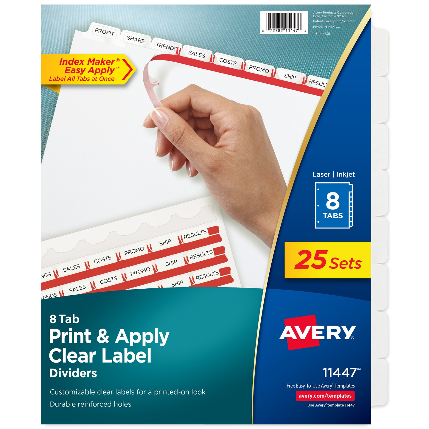 Avery 8 Tab Dividers for 3 Ring Binder, Easy Print &#x26; Apply Clear Label Strip, Index Maker Customizable White Tabs, 25 Sets (11447)