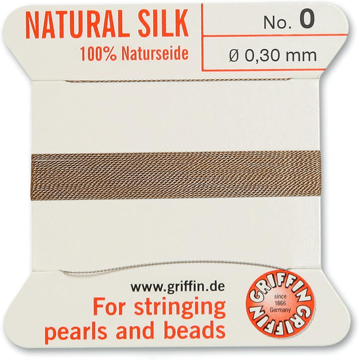 Griffin Silk Bead Cord Perlseide – Size 0 (0.30mm) – 2 Meters per Card – Stainless Steel Needle Attached – for Knotting Pearls, Gemstones, Crystals and Beads