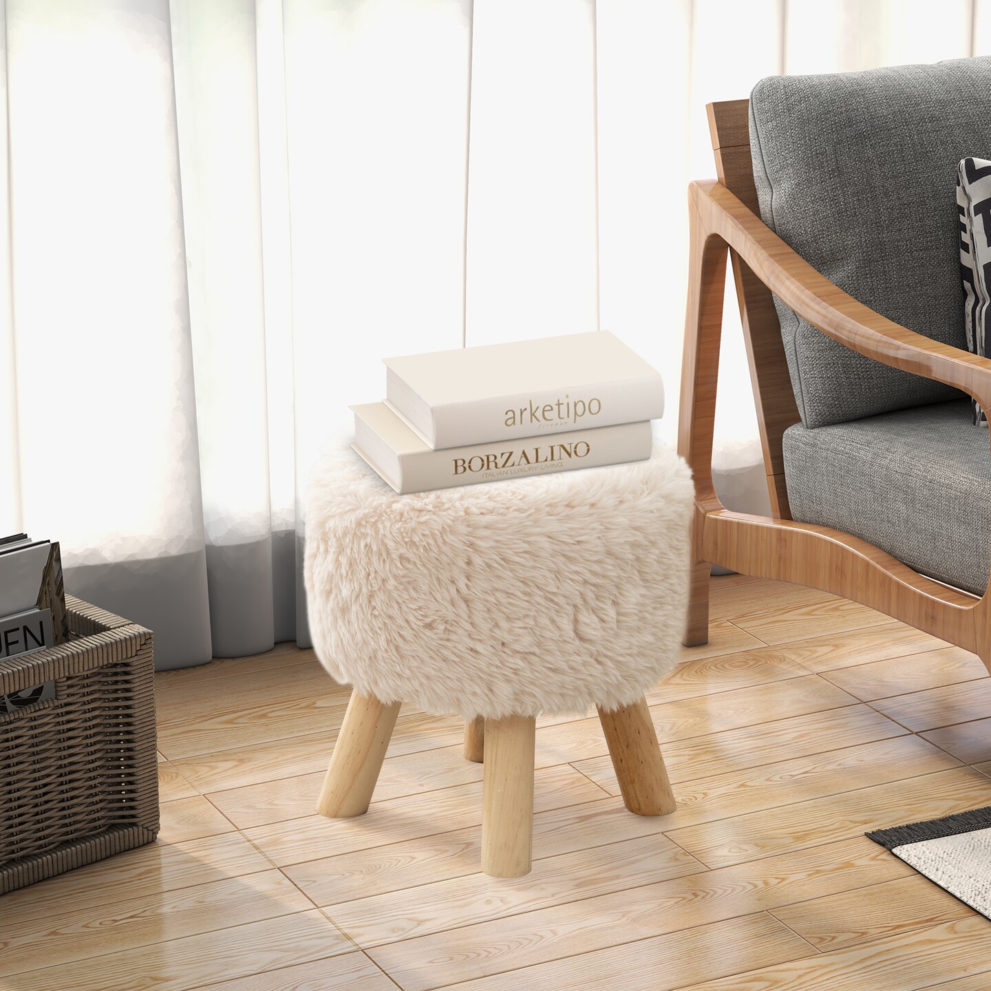 White Faux Fur Round Ottoman Stool, Padded Seat and Rubber Wood Legs