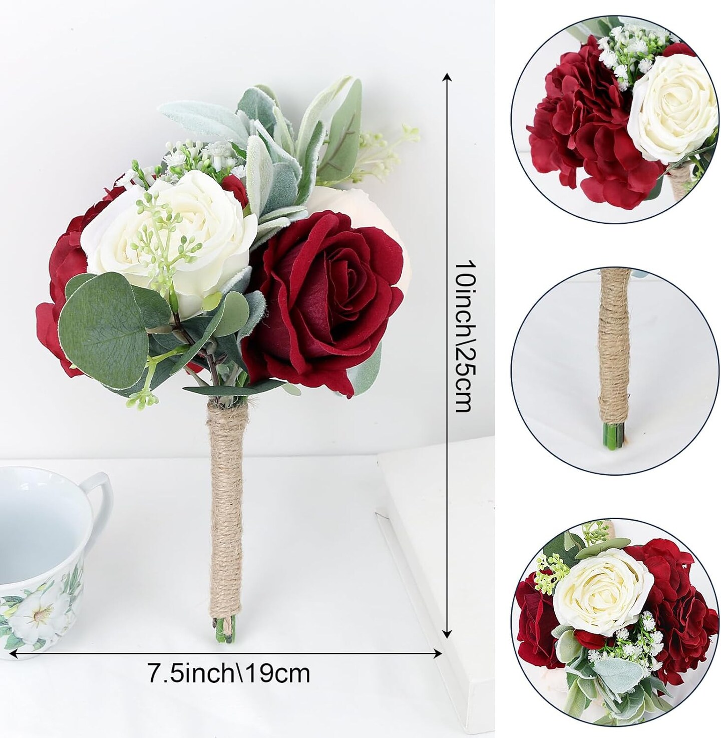 Set of 6 Artificial Bridesmaid Bouquets – Burgundy & White Silk Rose Wedding Bouquets, 7 Inch Faux Floral Arrangements for Bridal Shower, Wedding, Anniversary & Ceremony Decor