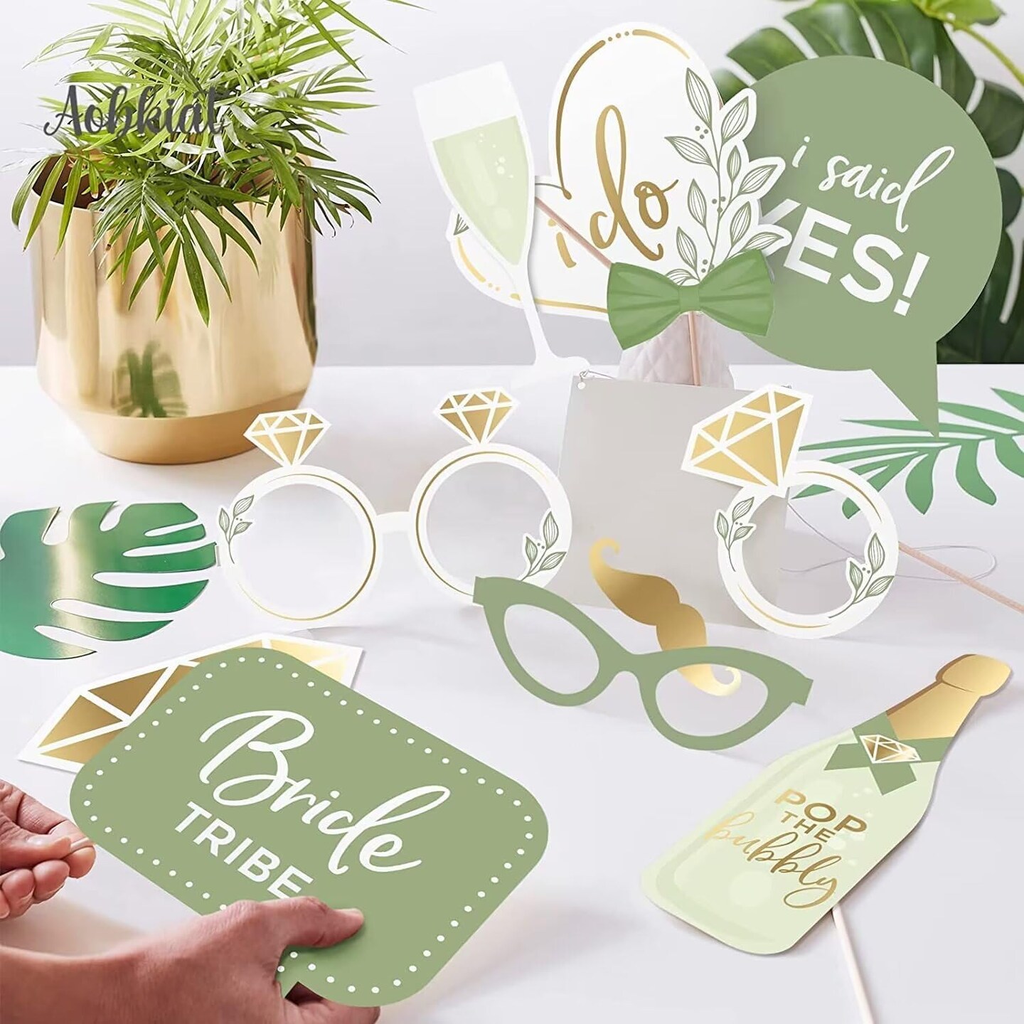 Olive Green Wedding Photo Props Kit,12 Pack Engagement Photo Props Accessories with Wooden Dowels for Bridal Shower Wedding Favour Party Decorations