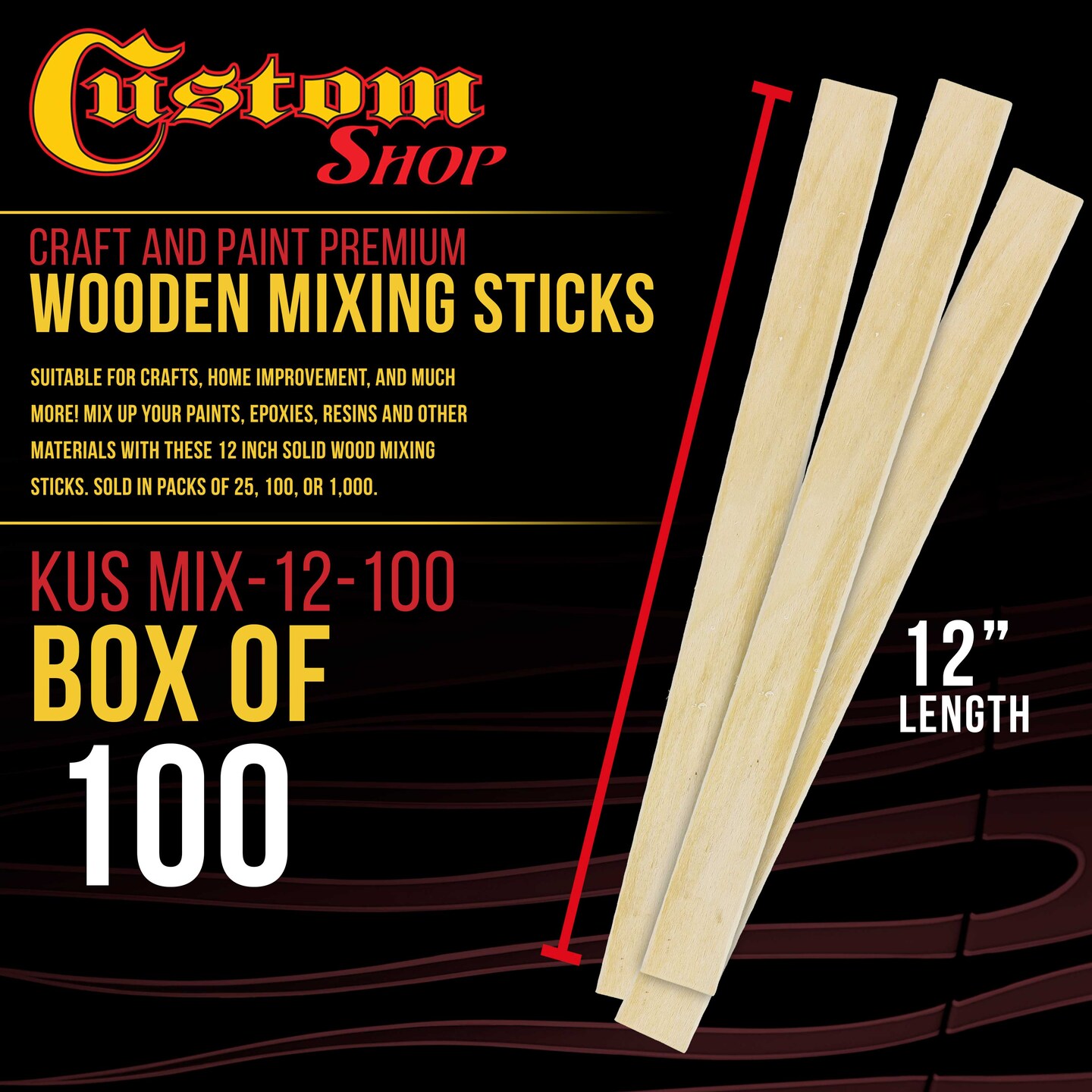 100 Craft &#x26; Paint Sticks - 12&#x22; Inch Premium Grade Wood Stirrers / Paddles - Use For Wood Crafts - Paddle To Mix Epoxy Resin Or Paint - Mixing Sticks