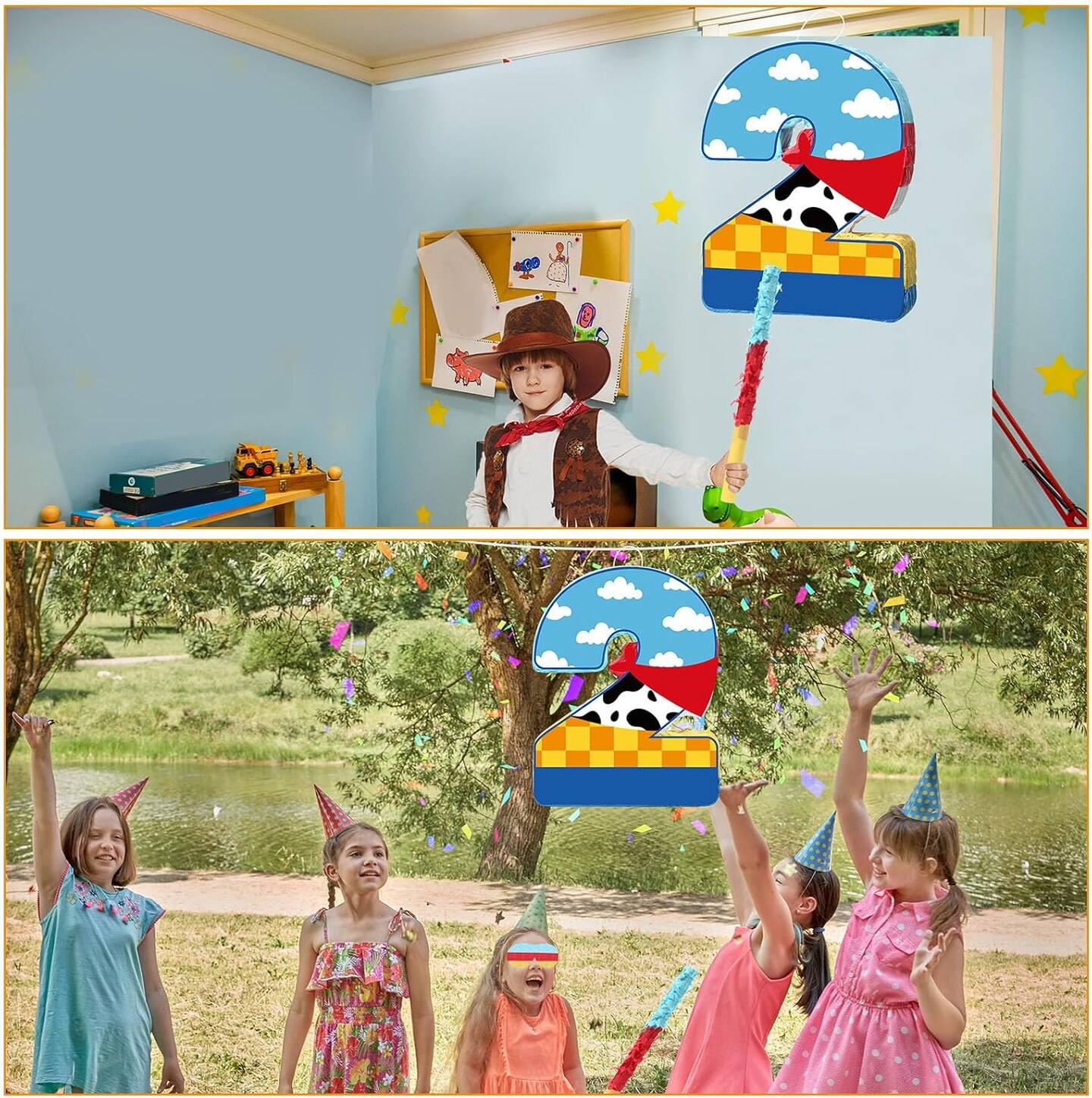 Toy Inspired Game Pi&#xF1;ata Cow Pi&#xF1;ata for Kids Cartoon Story with Stick Blue Yellow Red Cow Clouds Decor for Boys Girls Adults Birthday Baby Shower Party Supplies Gifts Decor(Number 2)