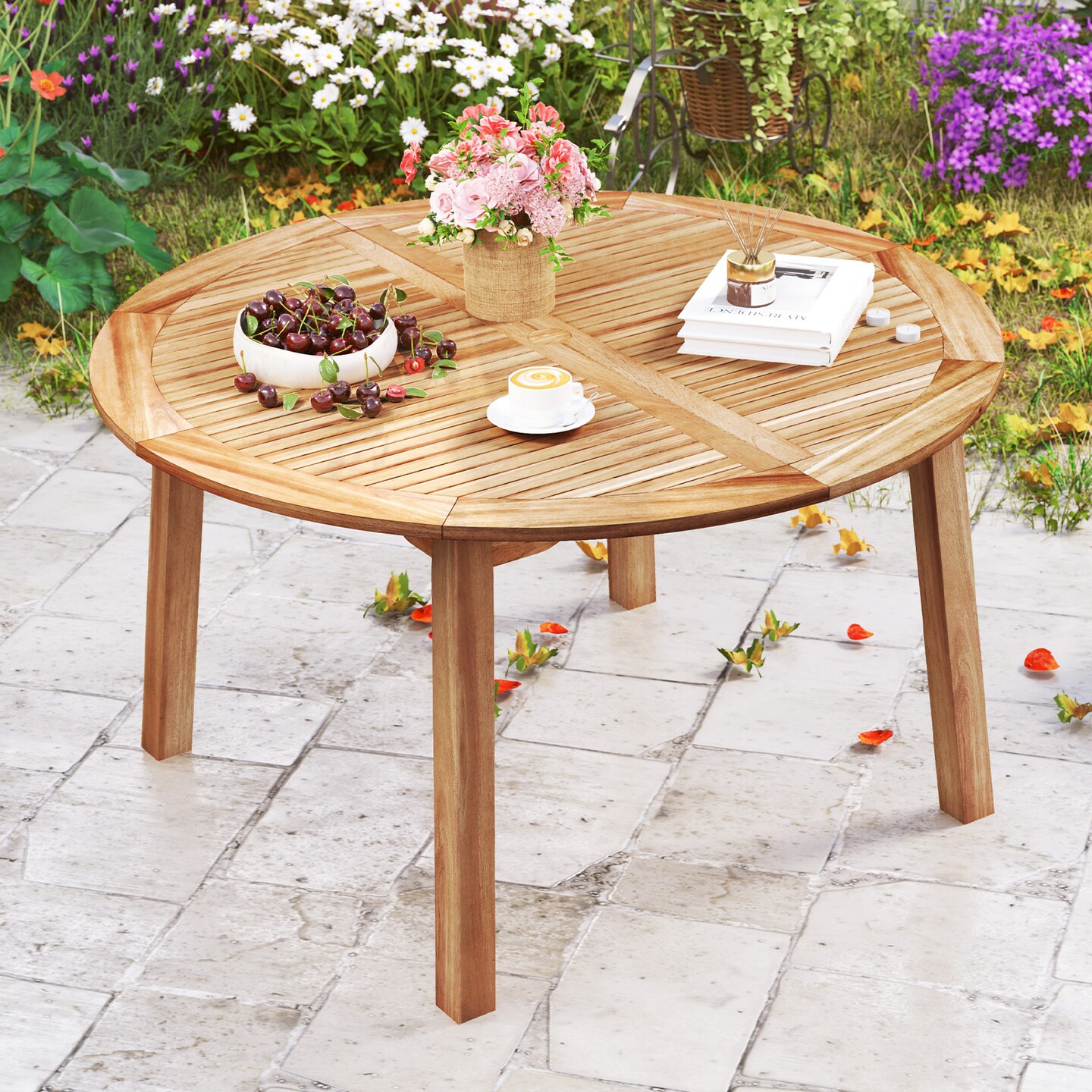 Natural Acacia Wood Round Outdoor Dining Table with Umbrella Hole