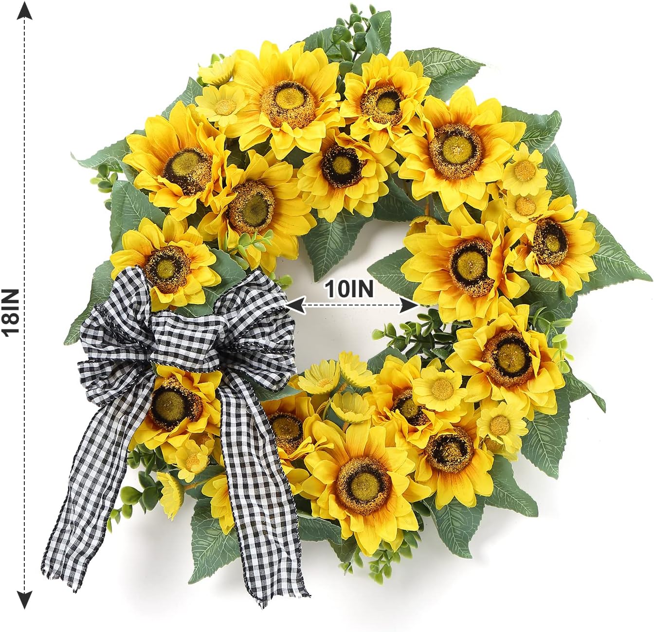 18&#x22; Artificial Sunflower Wreath for Front Door &#x2013; Summer Farmhouse Wreath with Ribbon and Sunflowers for Porch, Window, or Home Decor