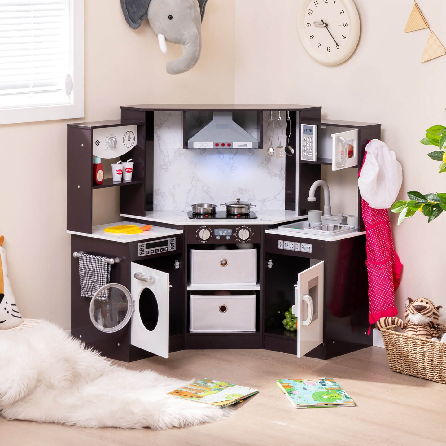 Costway Wooden Kids Play Corner Kitchen with Realistic Lights &#x26; Sounds Lighted Range Hood Brown/Grey
