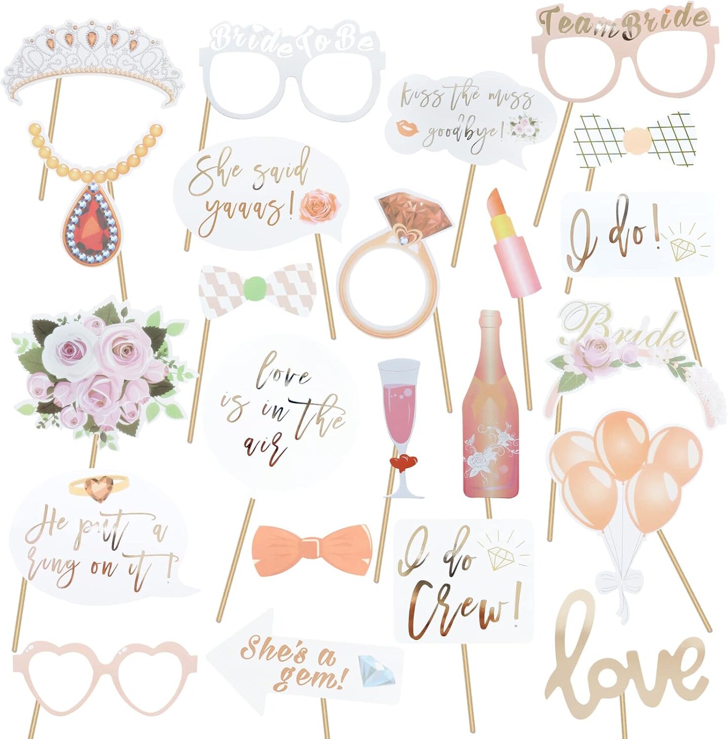 Wedding Photo Booth Props, Bachelorette Party Decorations, Engagement Party Decorations in Rose Gold, Pink with Glitter 23 pcs Pre-Assembled Funny Props Welcome to Seller Assistant Please log in to your account to start working Log in