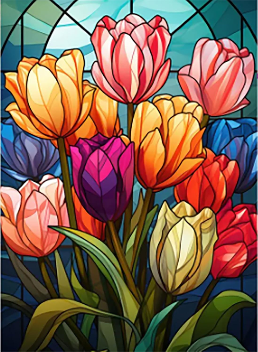 Diamond painting kit for adults featuring a 5D tulip design. Full-drill, gem-style art kit measuring 12×16 inches—perfect for beginners, home wall décor, or as a thoughtful gift.