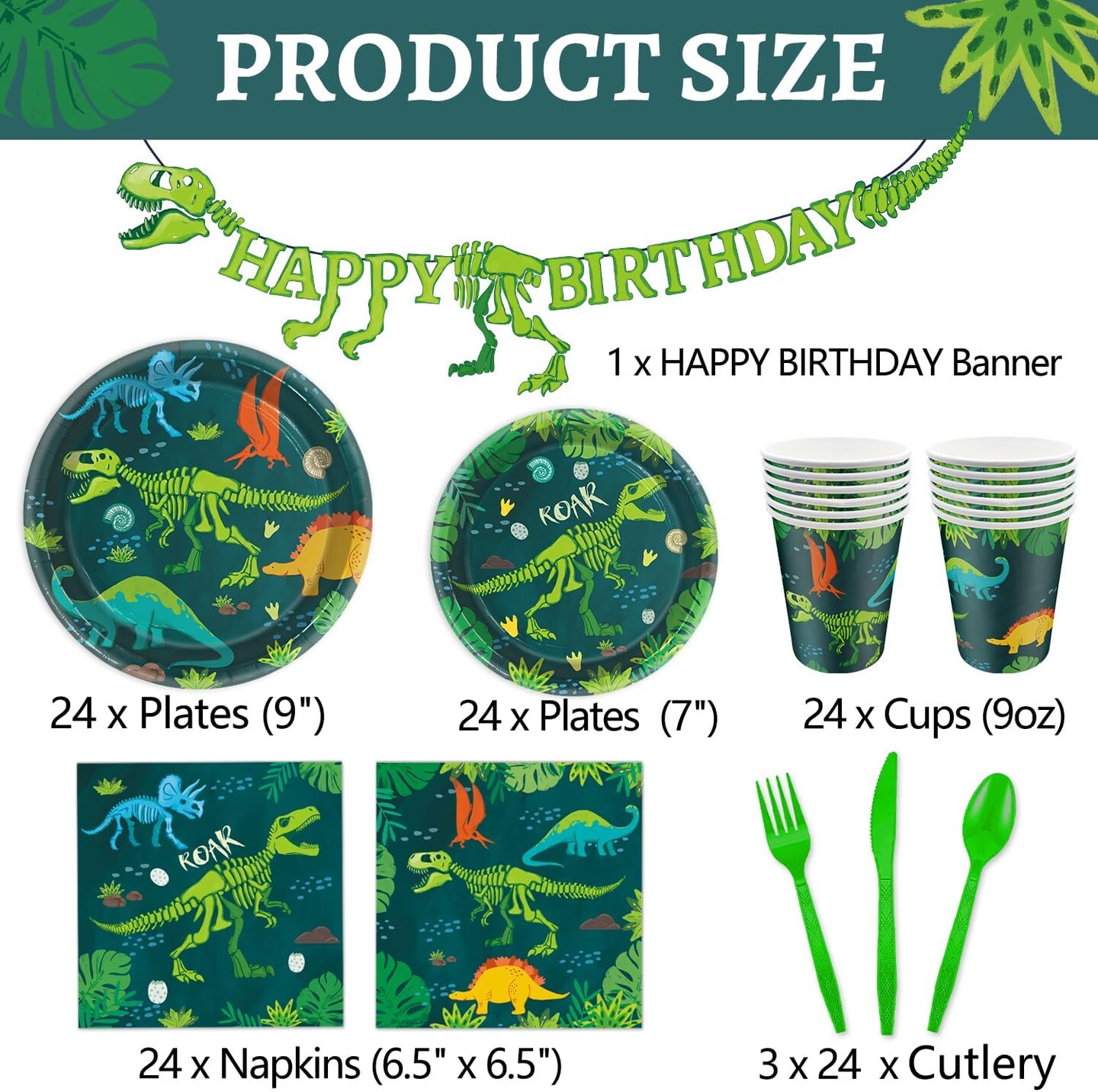 Dinosaur Theme Birthday Party Decoration Banner & Supplies, Includes Plates, Cups, Napkins, Cutlery Sets, Serves 24 Guests