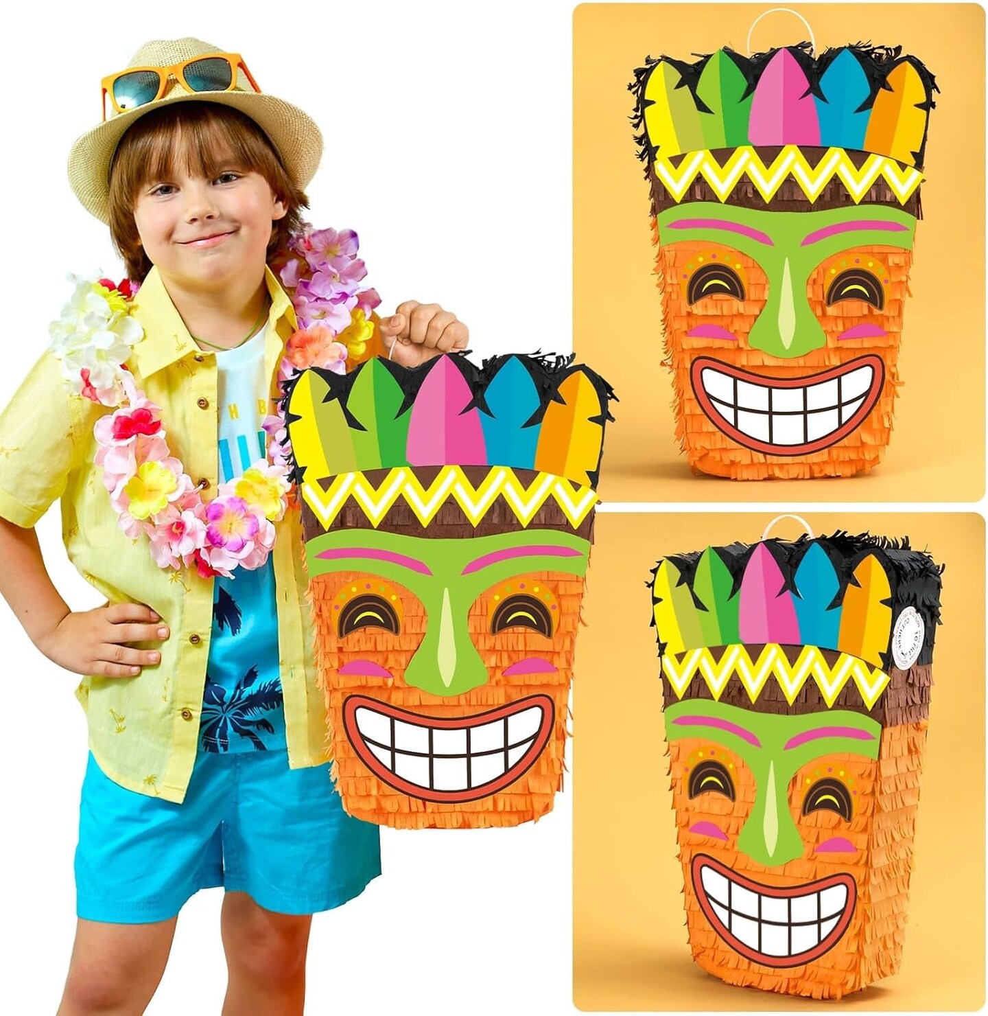 Tiki Pi&#xF1;ata -Tropical Hawaii Pi&#xF1;ata with Blindfold and Bat for Girls Boys Kids Pi&#xF1;ata Hawaiian Luau Themed Party Decorations
