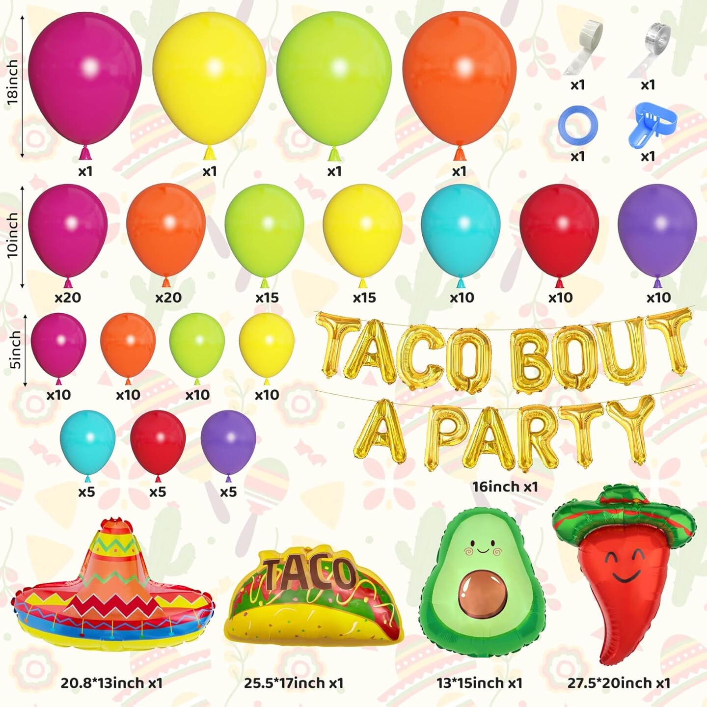 169Pcs Mexican Fiesta Party Decorations, Fiesta Balloon Garland Arch Kit Cactus Chili Avocado Mexican Themed Balloons for Cinco De Mayo Carnival Birthday Party Taco Bout Decoration
