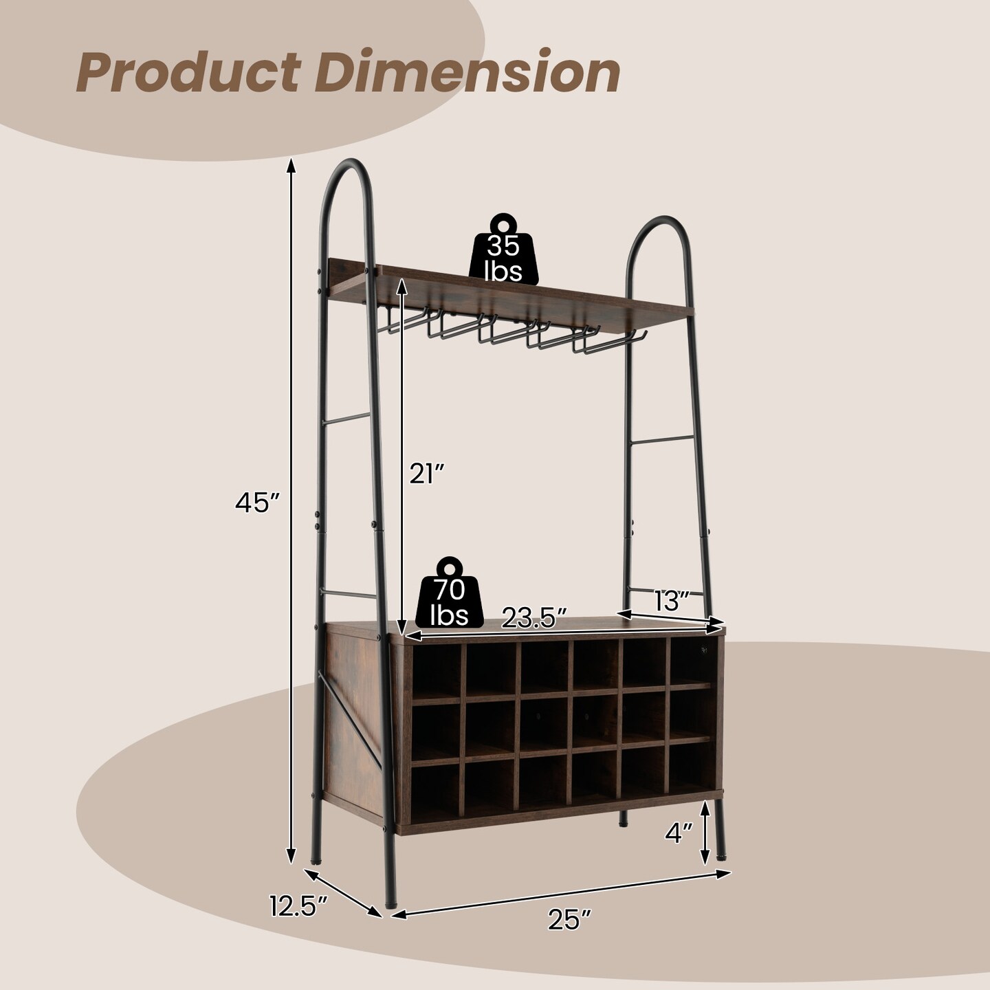 Rustic Brown Bakers Rack with Removable 18-Bottle Wine Rack and Stemware Holder