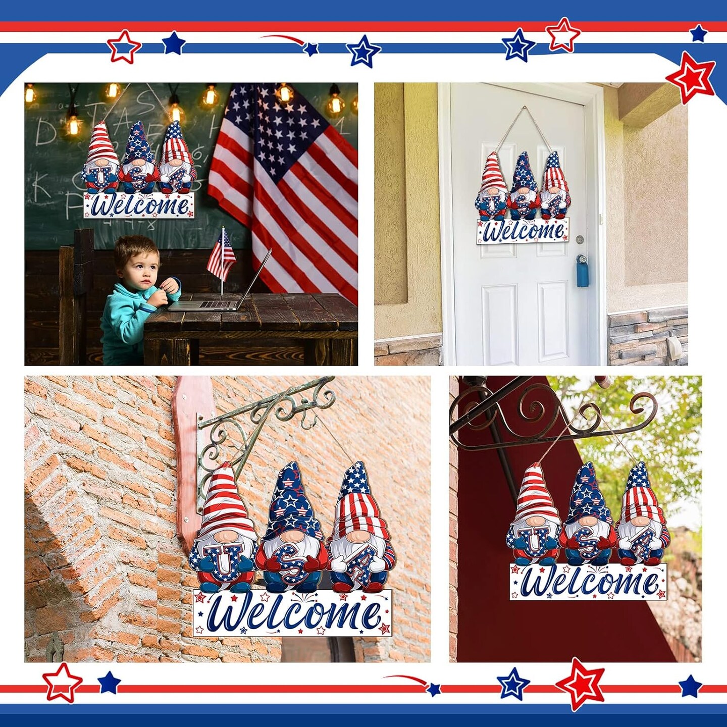 Patriotic Welcome Door Decor 4th of July Wooden Sign Red Blue White Retro Gnome Memorial Day Door Hanger Decoration for Independence Day Porch Wall Window