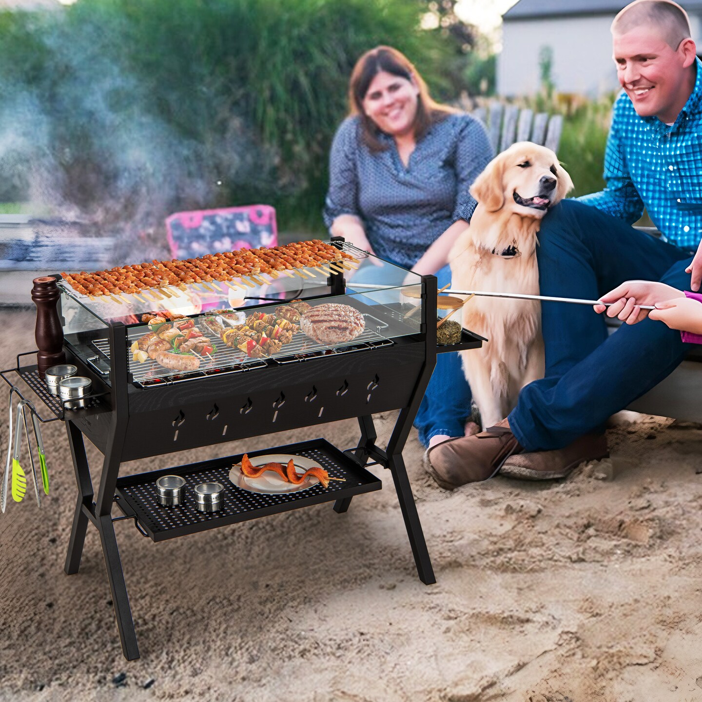Outdoor Charcoal Grill &#x2013; BBQ, Stove &#x26; Fire Pit, Stainless Steel Grates, Wind Guard, Ample Grilling Space &#x26; Storage Racks