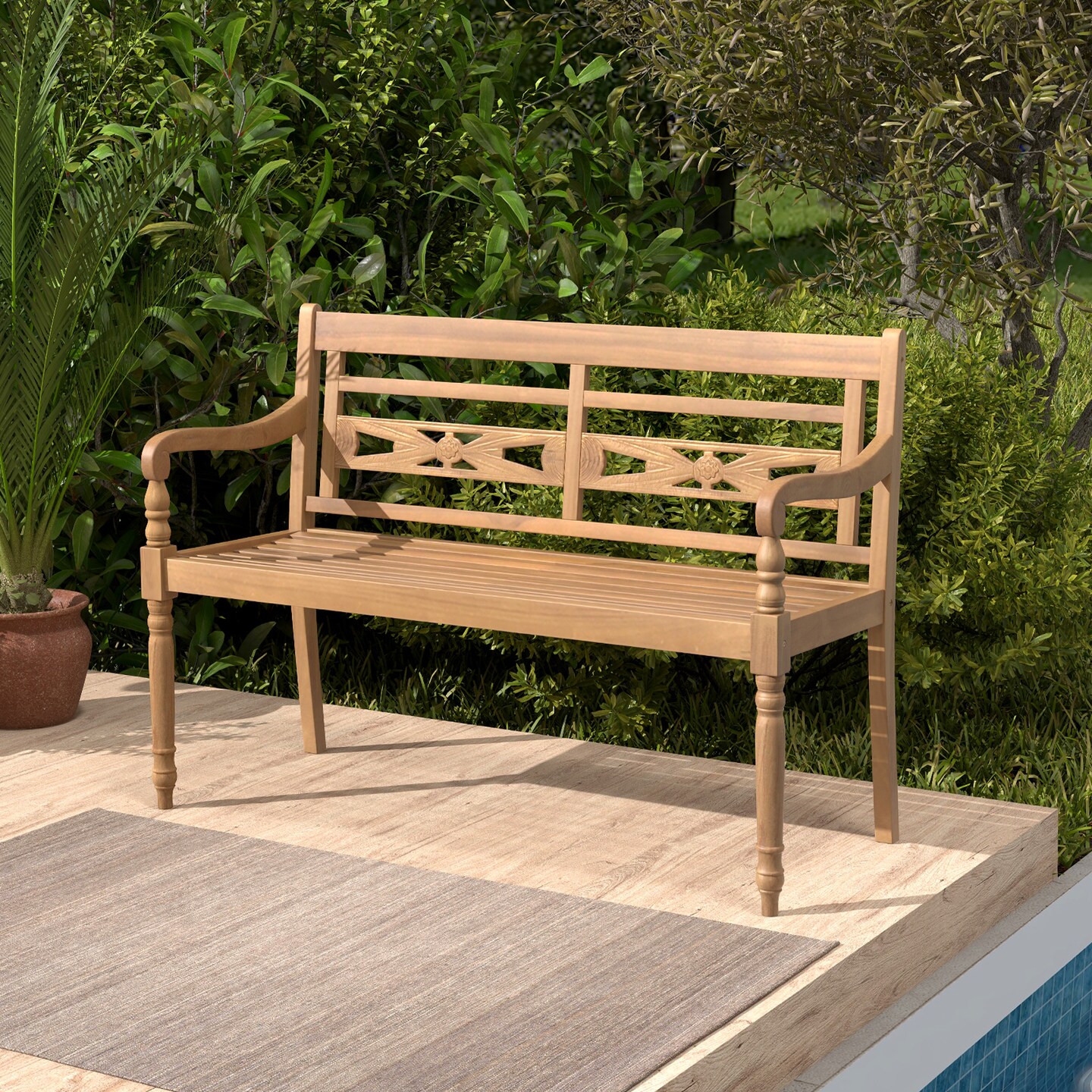 Natural Teak Wood Patio Bench with Wide Backrest and Curved Armrests Ideal for 2 Seats