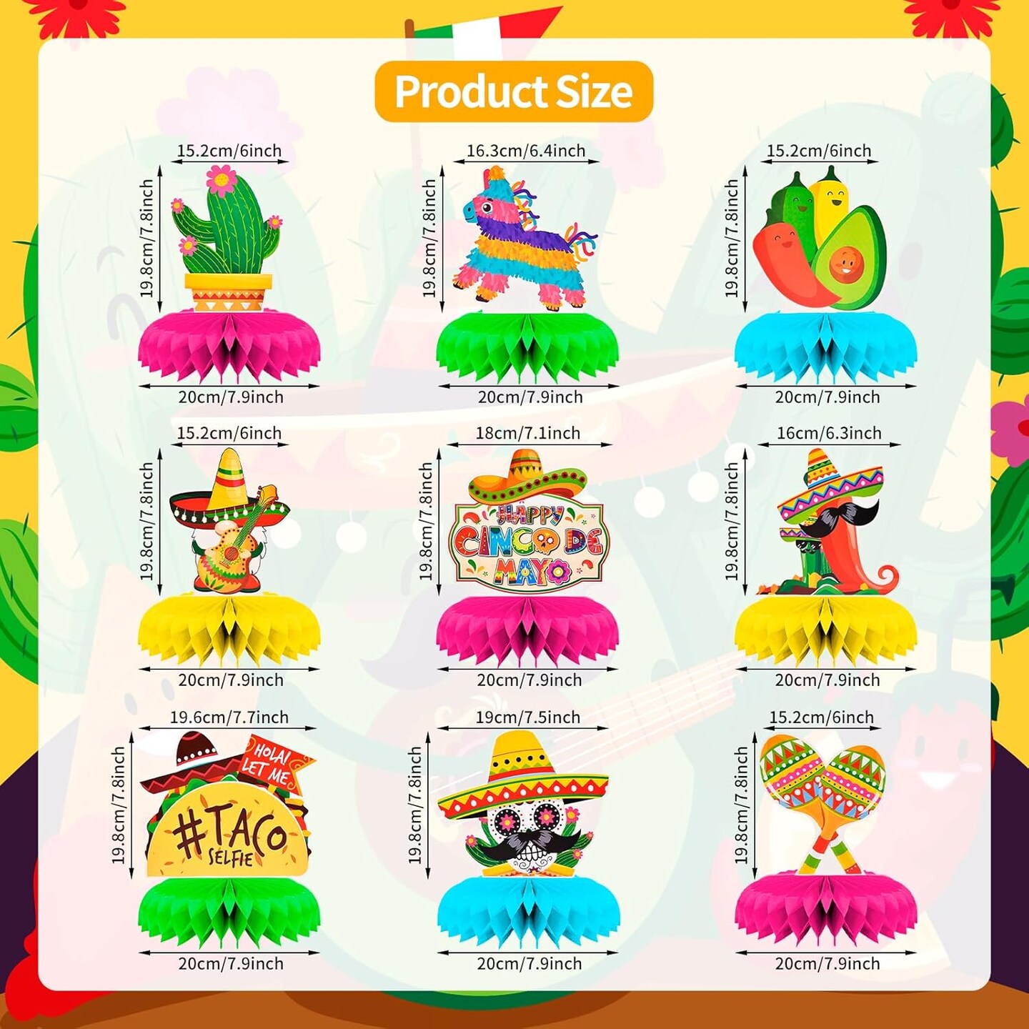 9 Pieces Cinco de Mayo Festival Honeycomb Centerpieces Table Decor, Mexican Fiesta Vibrant Cactus, Pi&#xF1;ata, Taco and Sombrero Pattern Table Topper Ornaments Signs, Holiday Party Decorations