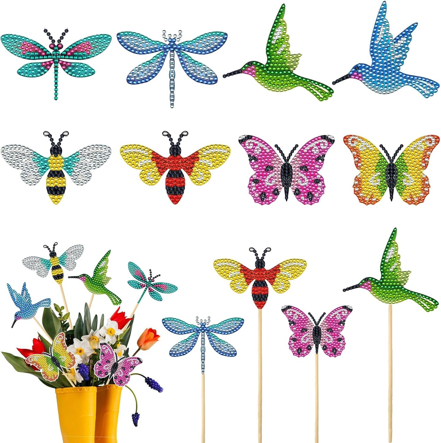 8 Pcs Butterfly Diamond Painting Kits for Adults Hummingbird Small Diamond Art Kits for Garden Decor Butterfly Bee Diamond Painting Garden Stakes Kits Crafts for Adults