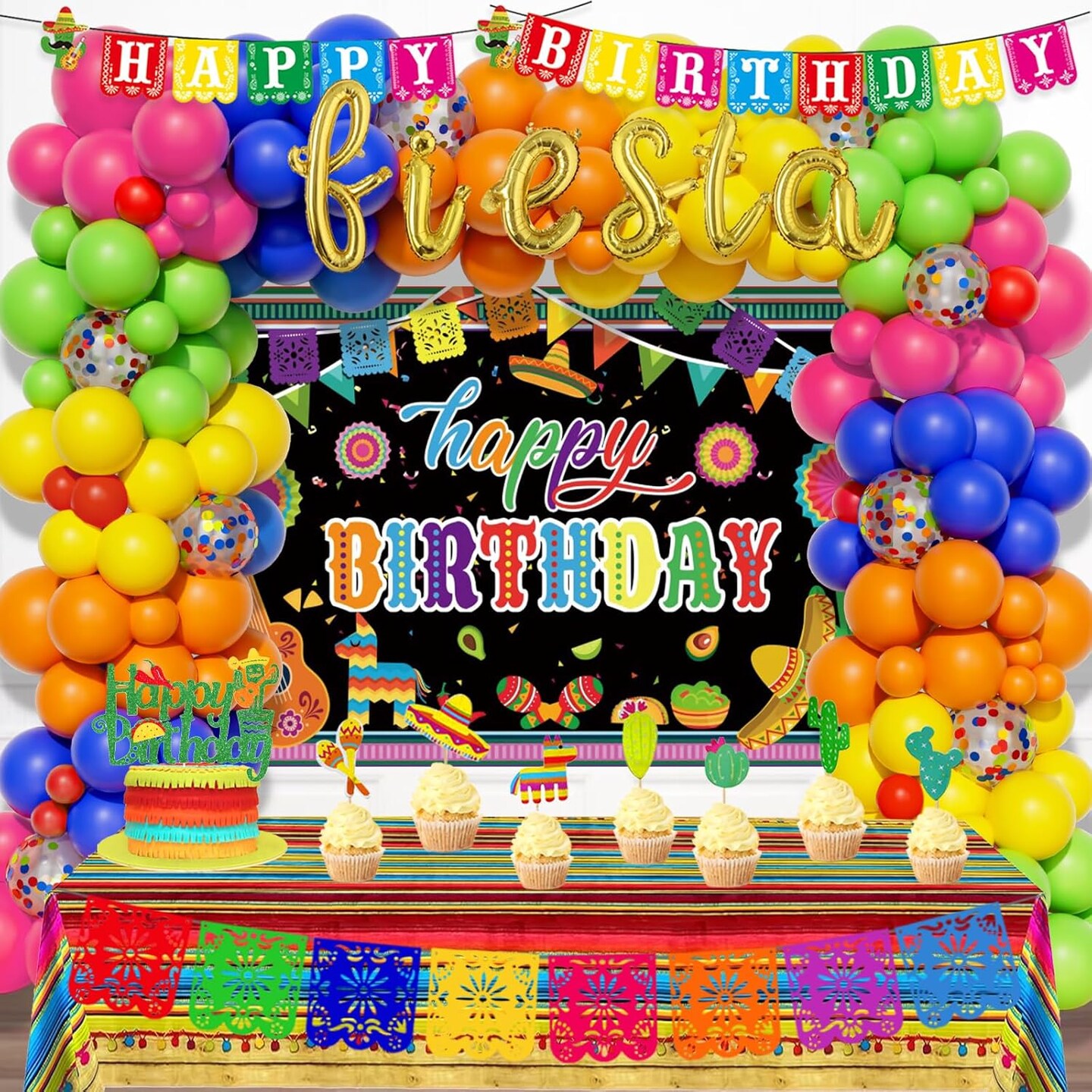 Mexican Birthday Party Decorations, Fiesta Birthday Party Decorations, Cinco De Mayo Supplies with 117 PCs Backdrop Papel Picado Banners Colorful Stripe Tablecloth