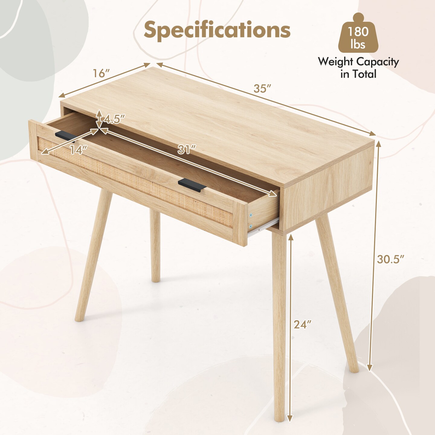 Boho Rattan Console Table with Drawer – 35" Entryway Accent Table