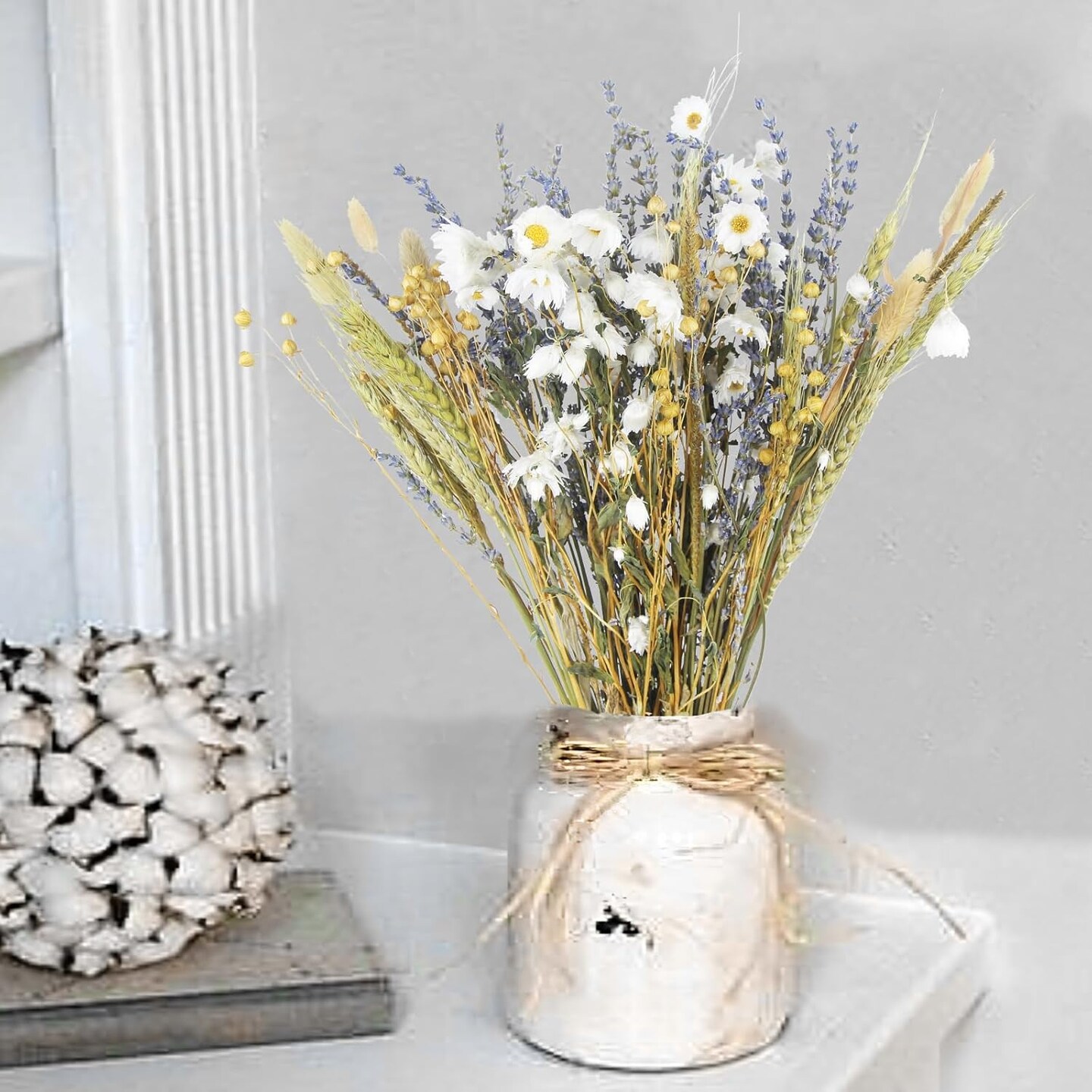 Dried Flowers Bouquet Dried Daisy Flowers Natural Lavender Bundles Dried Gerber Daisies Flowers Bunny Tails Wheat Stalks Floral Arrangements