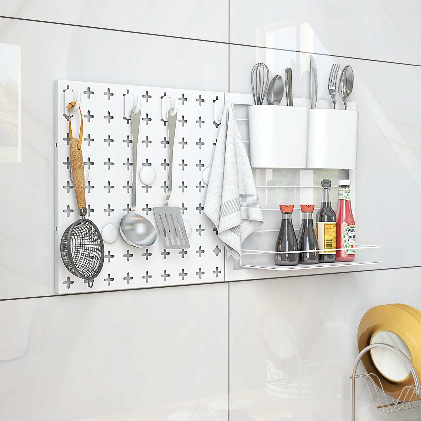 White Metal Wall Organizer 2 Pegboard Panels Combination Kit with Magnets and Hooks
