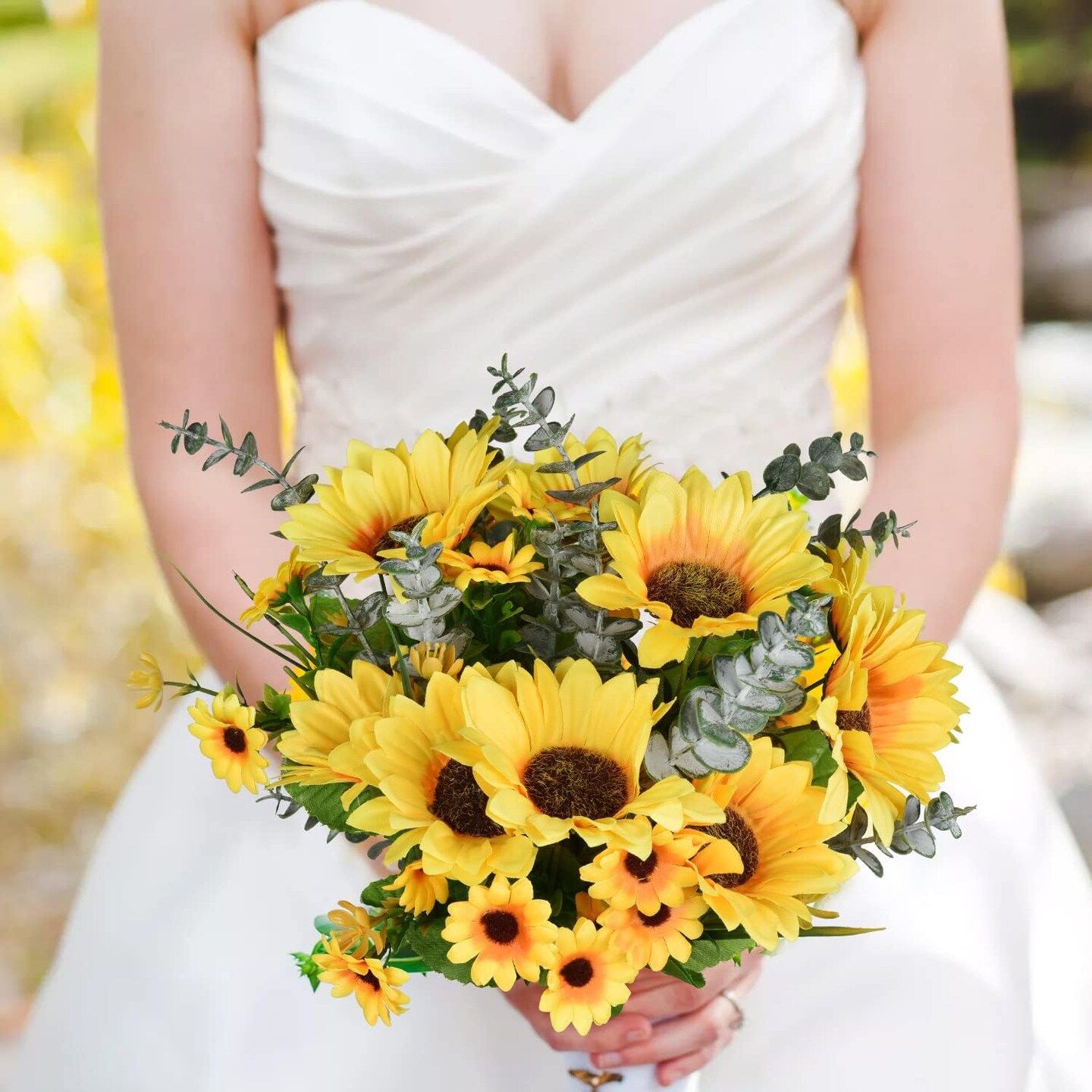 6 Pack Summer Floral Arrangement Artificial Sunflowers Bouquet, 12in Silk Sunflower Fake Flowers for Home, Wedding, Bride Holding Flowers, Floral Decor