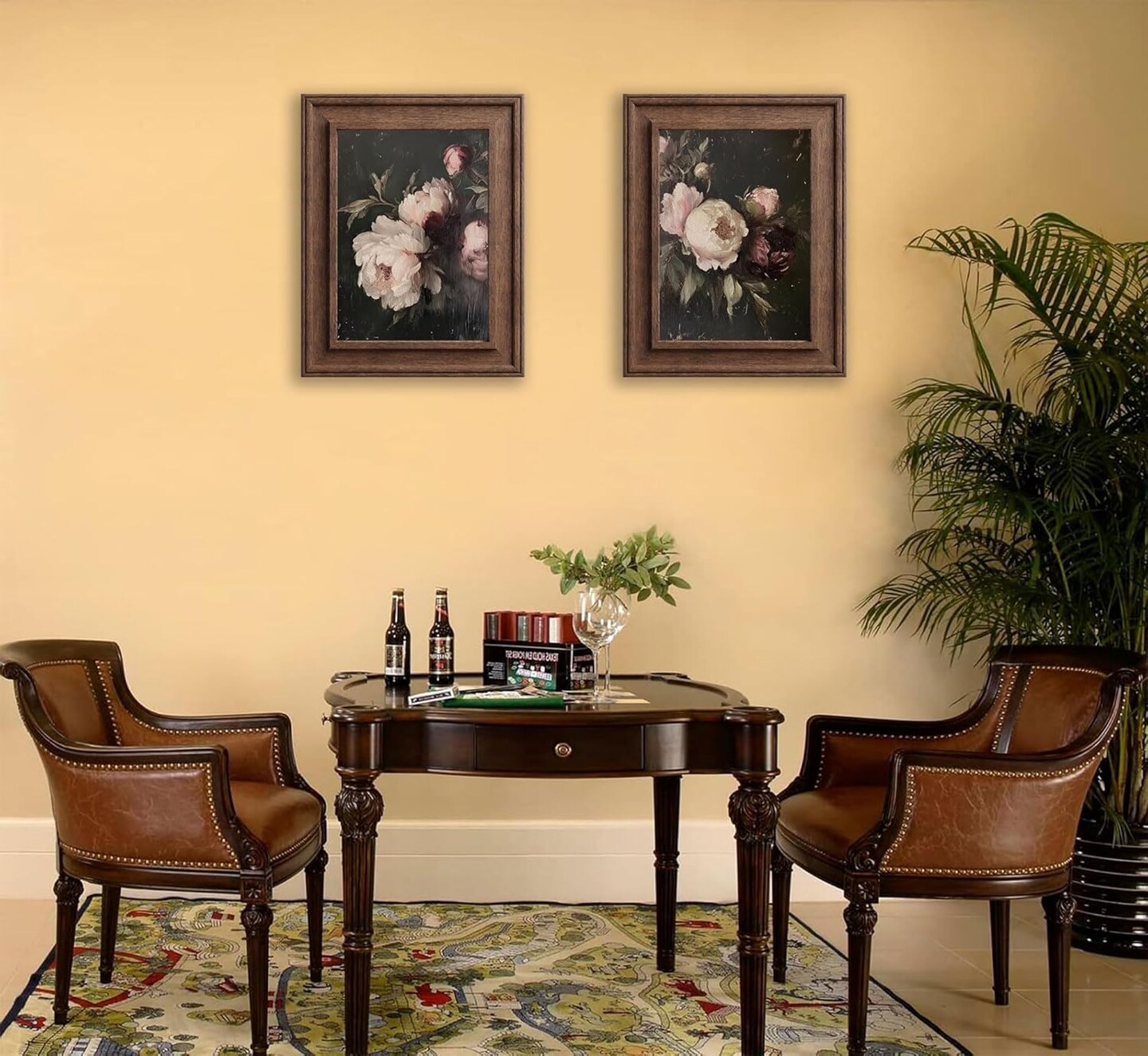 Summer 2 Pcs Vintage Peonies Flower Canvas Wall Decor, Classical Dark Pink Peonies Pictures, Retro Moody Floral Botanical Still Life Posters Prints for Living Room, Bedroom, Home Decoration