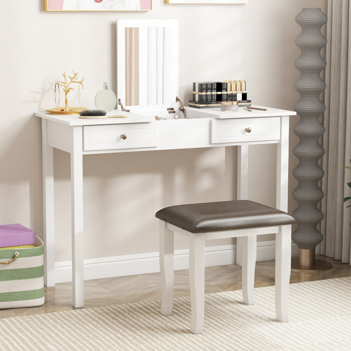 Set of 2 Vanity Stool Set, Cushioned, Solid Wood Frame, Stylish and Versatile Design
